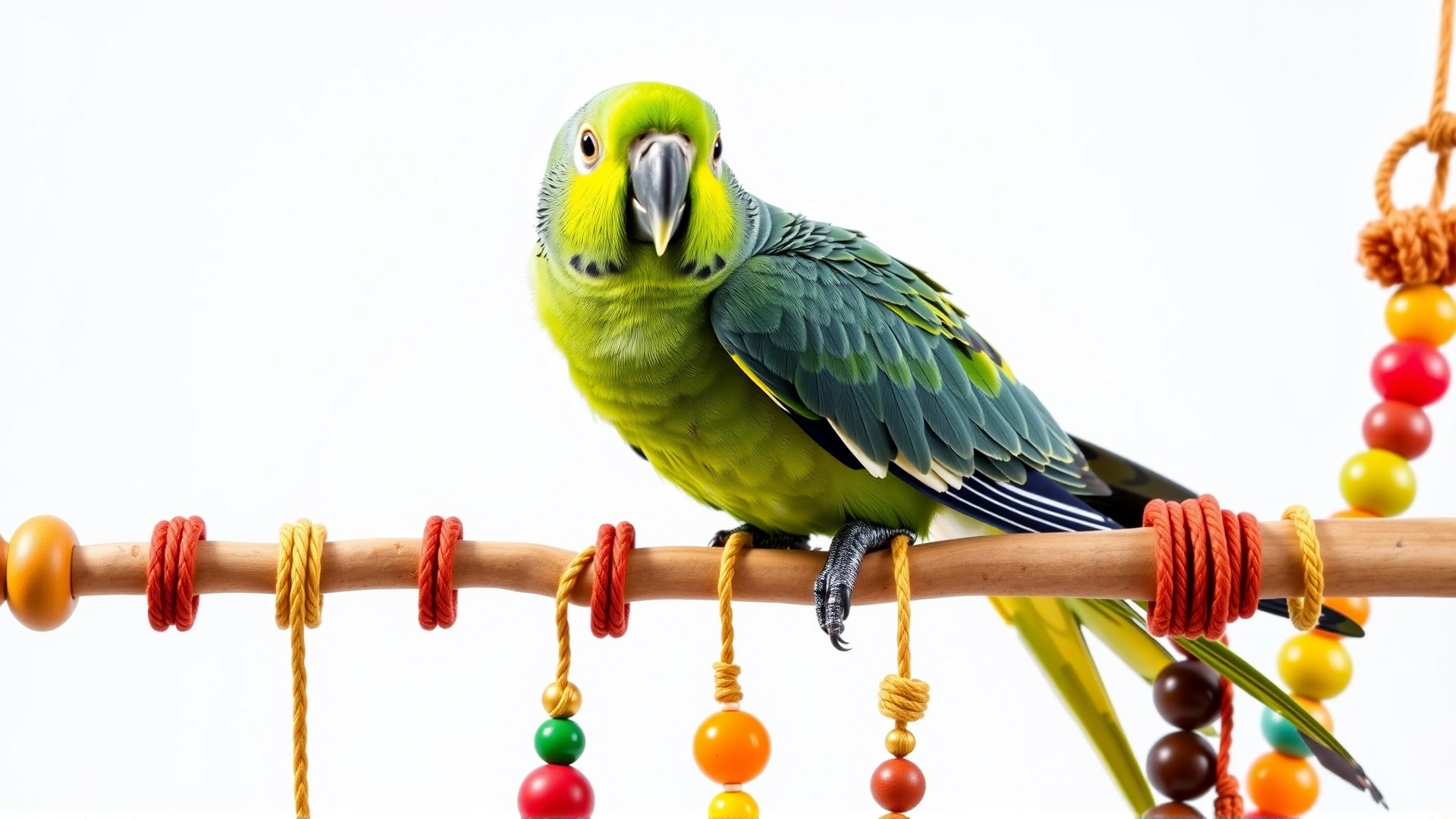 Quaker parrot (Monk parakeet) sitting on a play stand with colorful beads, white background studio shot