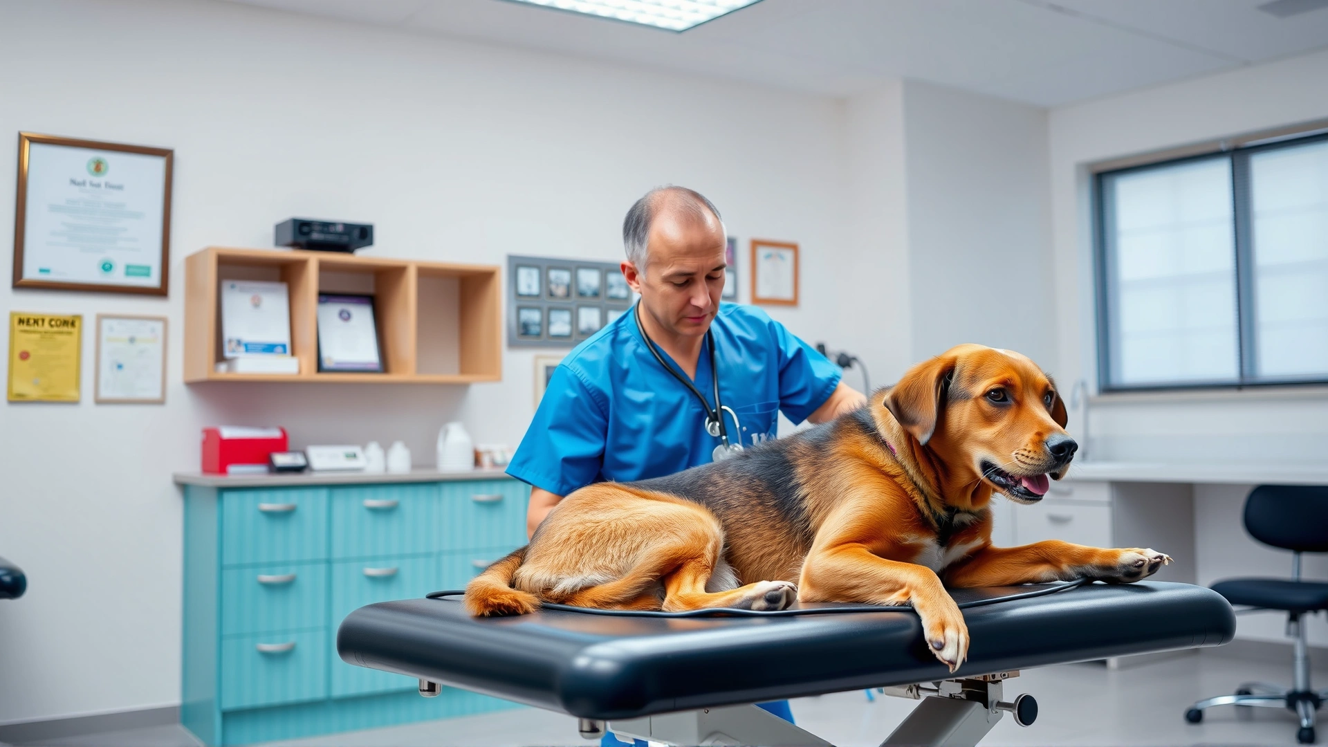 Veterinarian in scrubs examining a dog on a therapy table inside a modern clinic area, certificates on wall in background