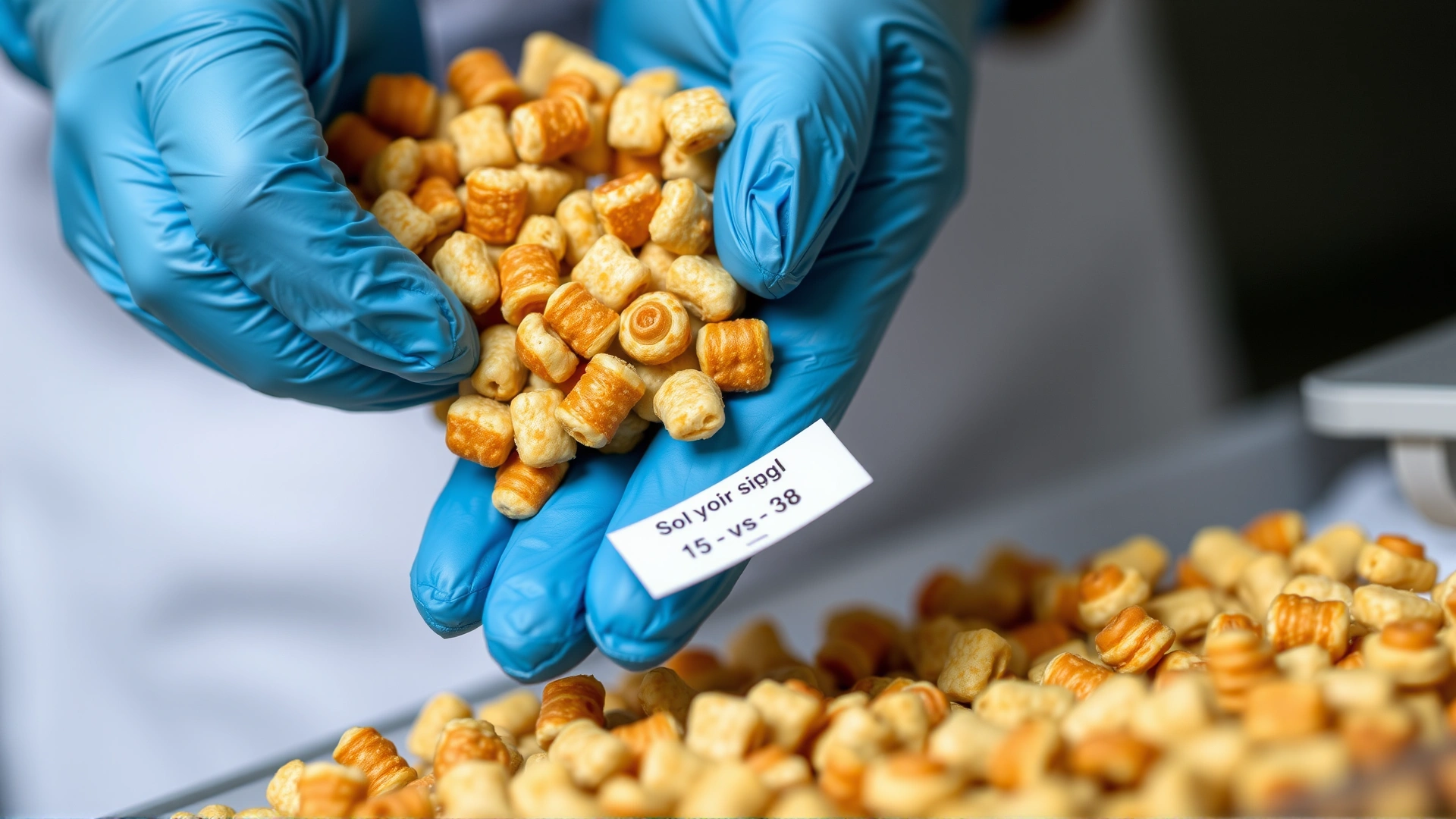 Close-up of gloved hands collecting and labeling kibble samples for laboratory quality control tests.