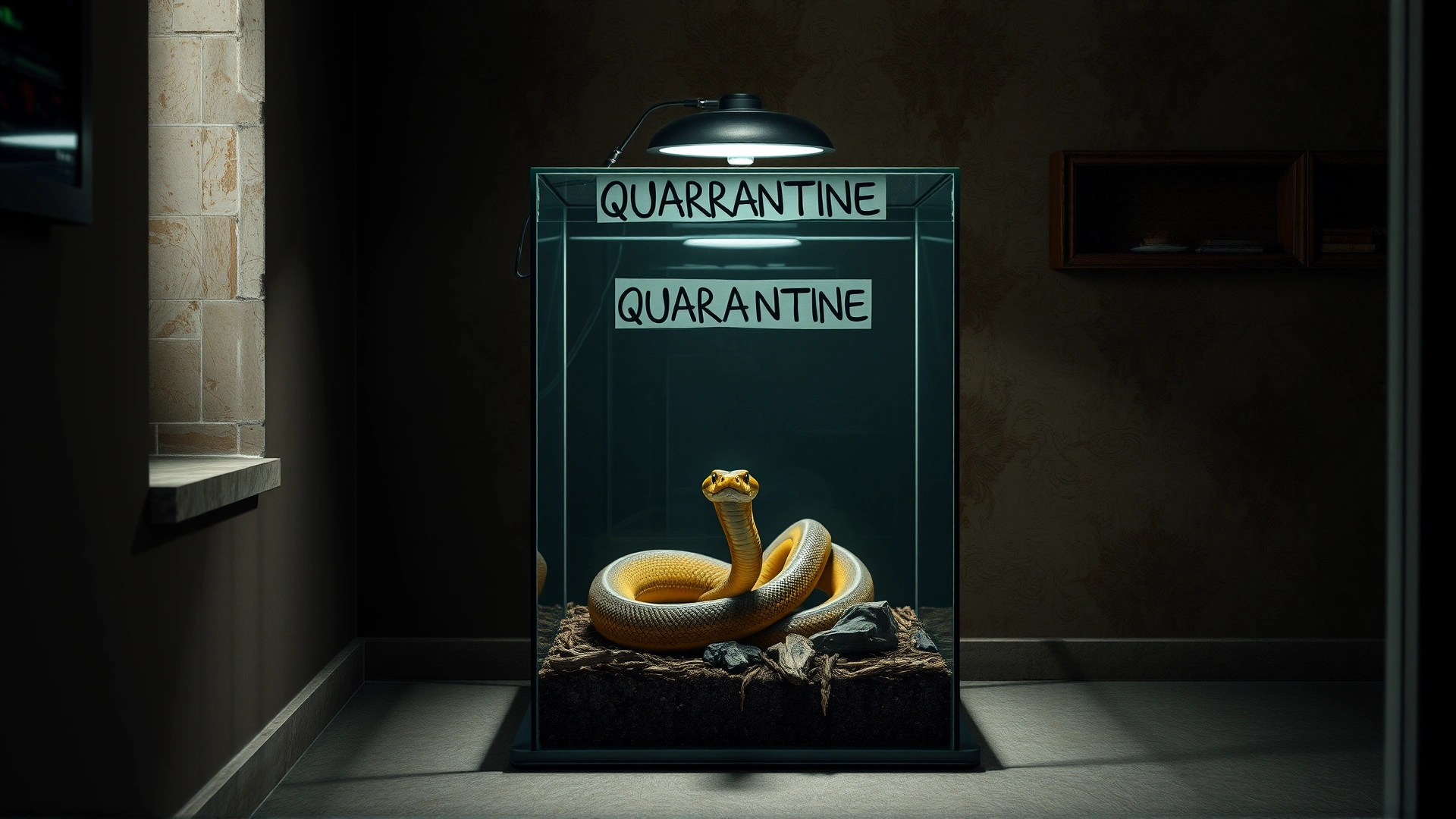 Separate glass terrarium labeled 