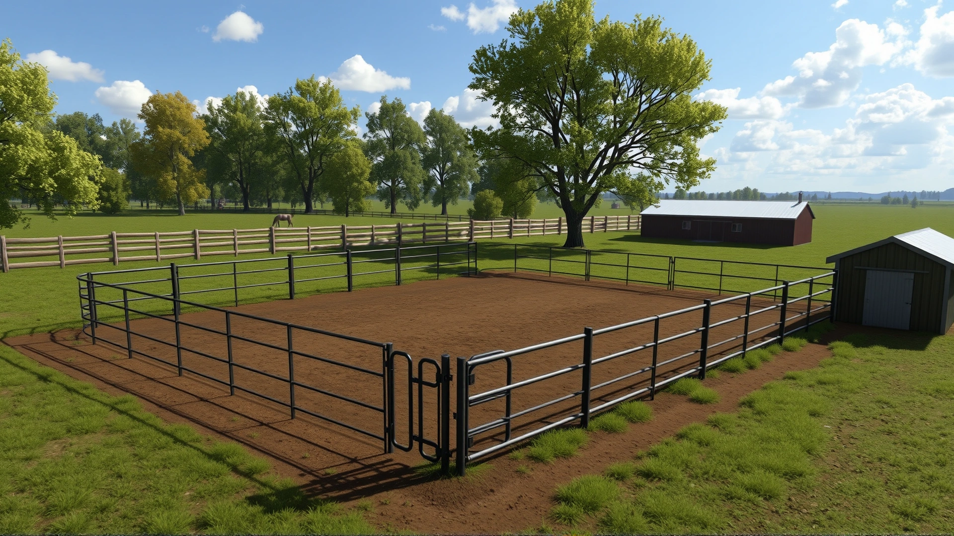 An isolated paddock with sturdy fencing, located a short distance from the main barn to illustrate a quarantine zone.