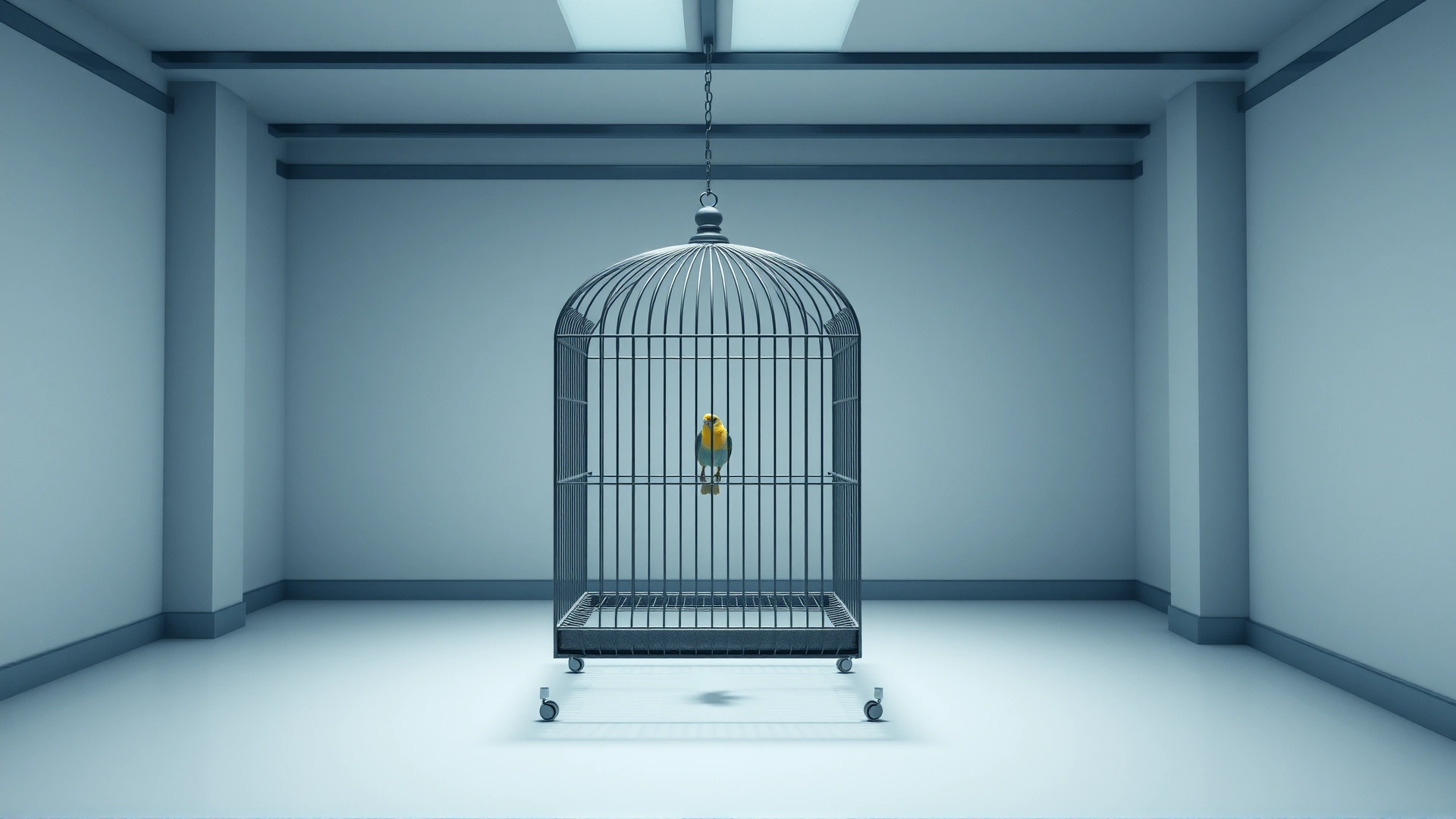 Single bird cage placed in a well-lit isolated room, signifying quarantine, minimalistic composition