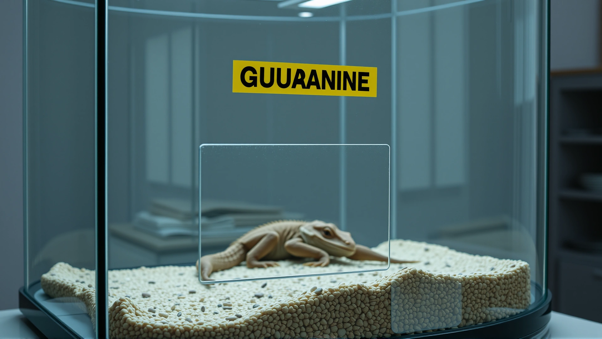 Isolated glass terrarium with a separated section housing a small lizard; clearly shows labeled quarantine signage, photographed indoors with even lighting.