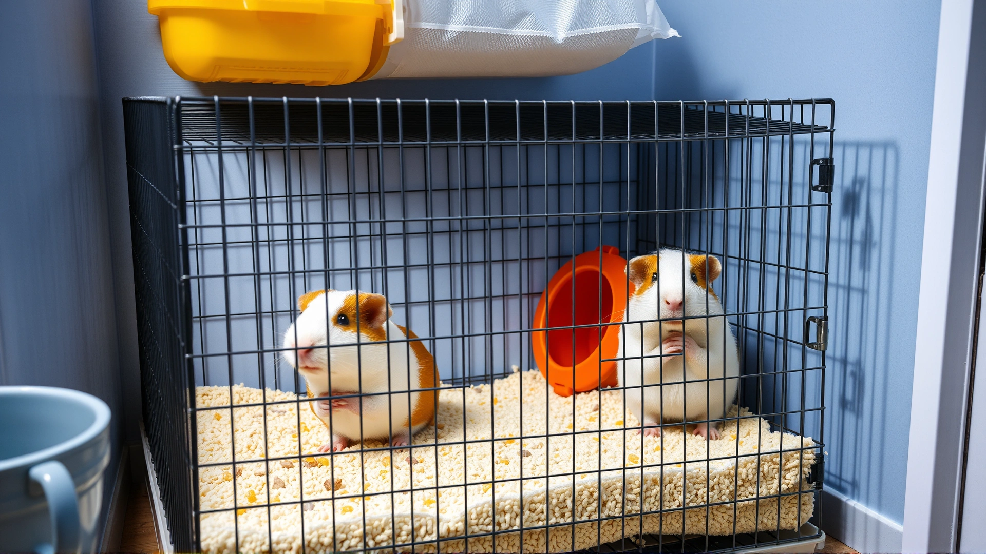 Isolated guinea pig cage in a separate room, clean environment with fresh bedding, food, and water, demonstrating quarantine setup.