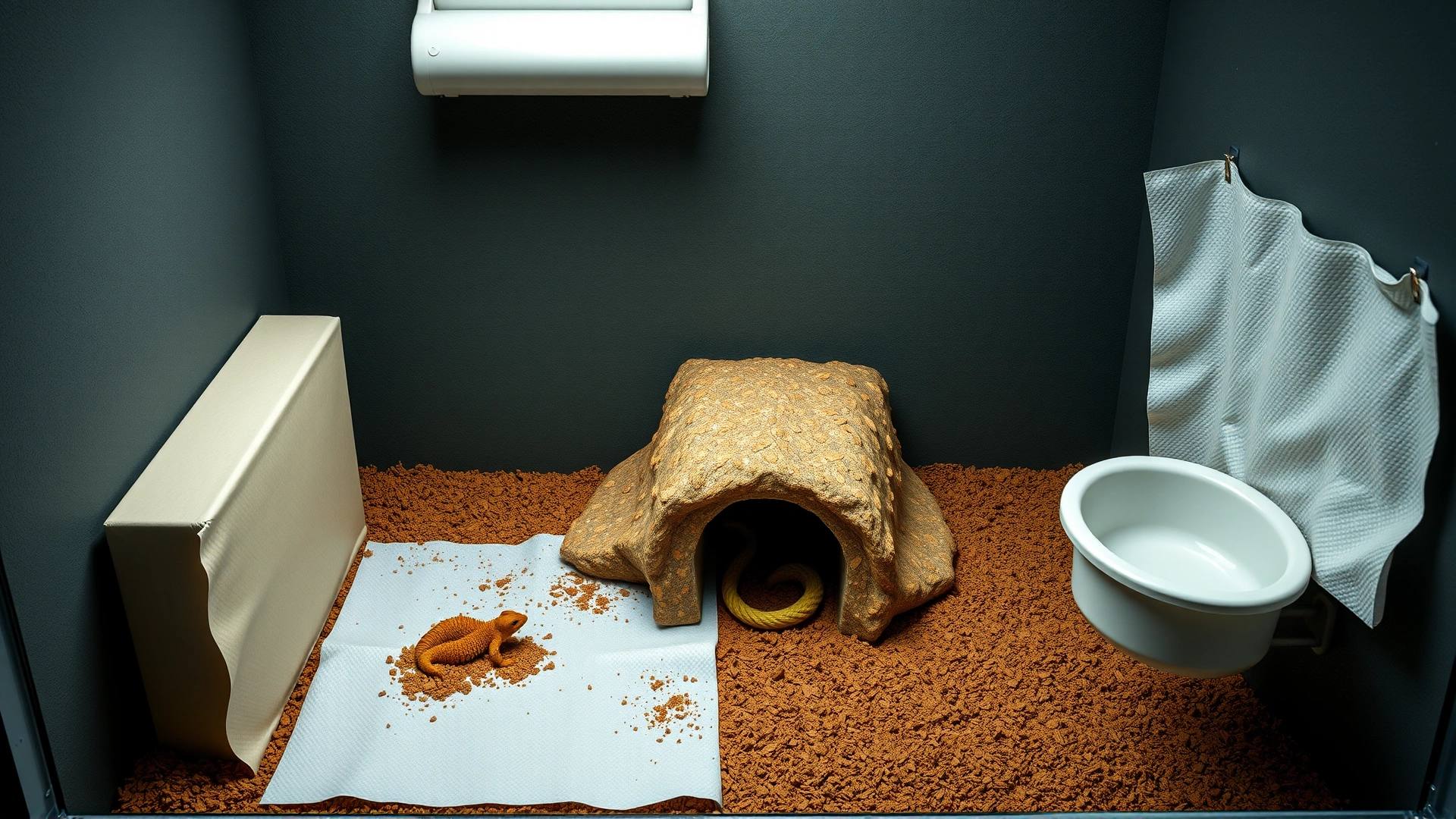 Simple quarantine enclosure with paper towel substrate, hide box, water dish, and heat mat shown from above