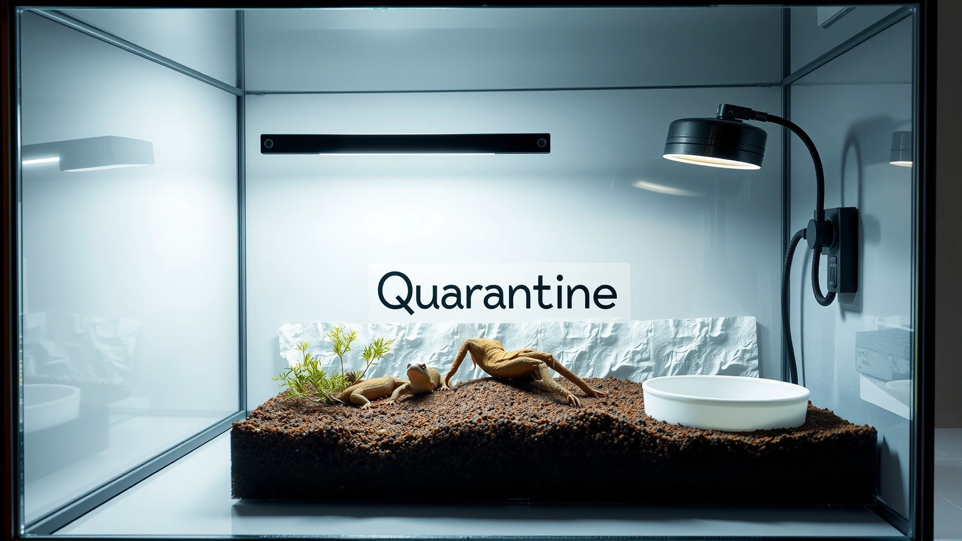 Minimalist quarantine terrarium with paper towel substrate, water dish, heat lamp, and clear labeling reading 'Quarantine' on front glass