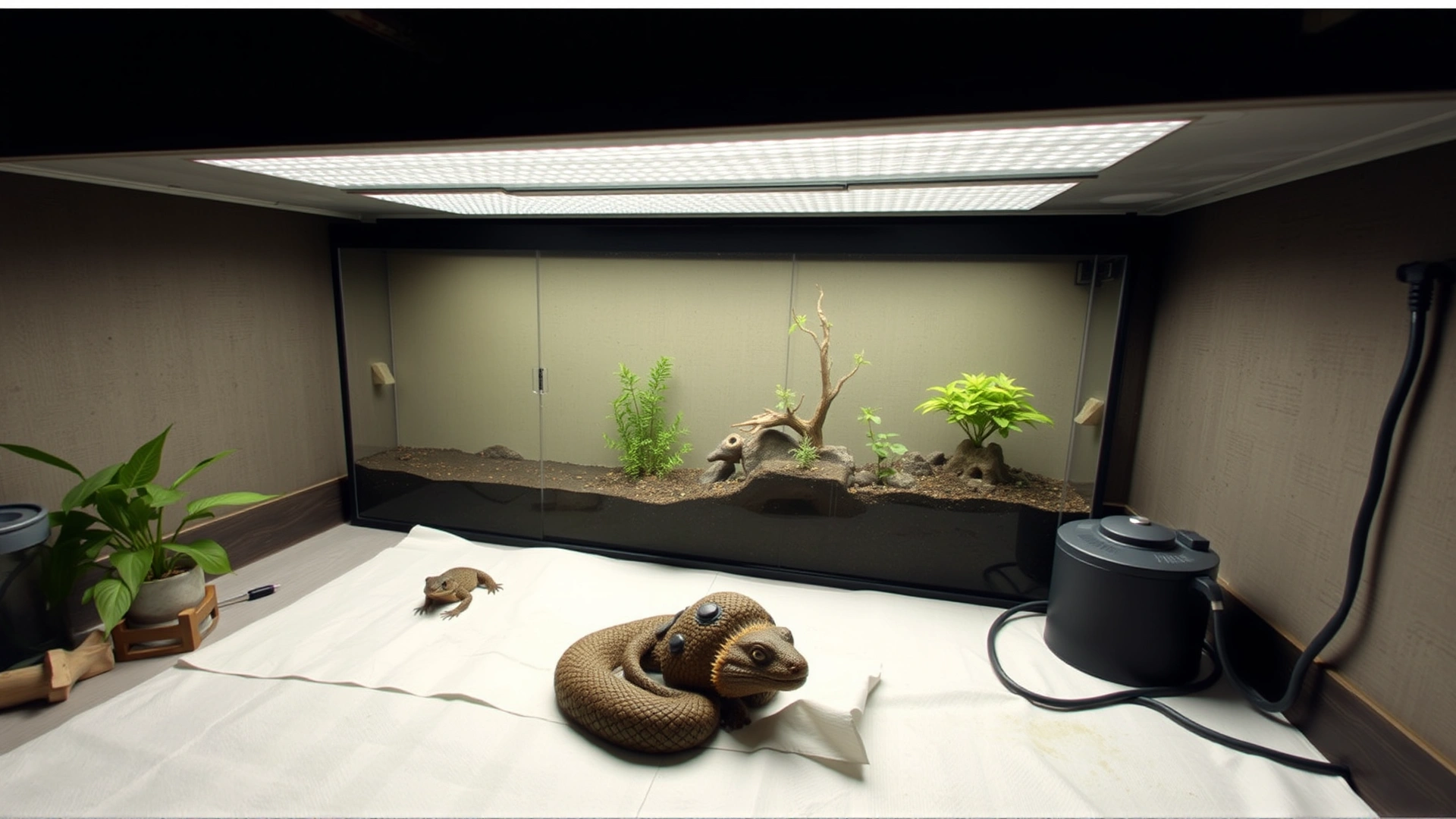 Well-lit terrarium set up for quarantine with minimal décor, paper towel substrate, and separate equipment visible nearby.