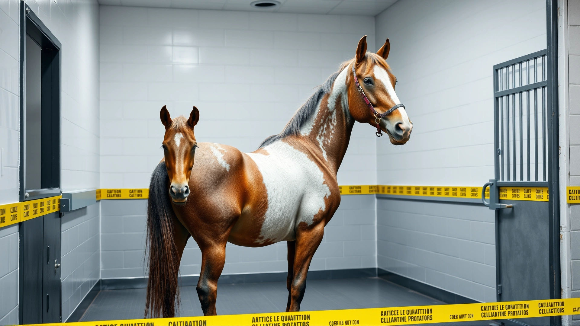 Horse standing alone in a clean quarantine stall with yellow caution tape on the door, illustrating isolation protocols, realistic photo