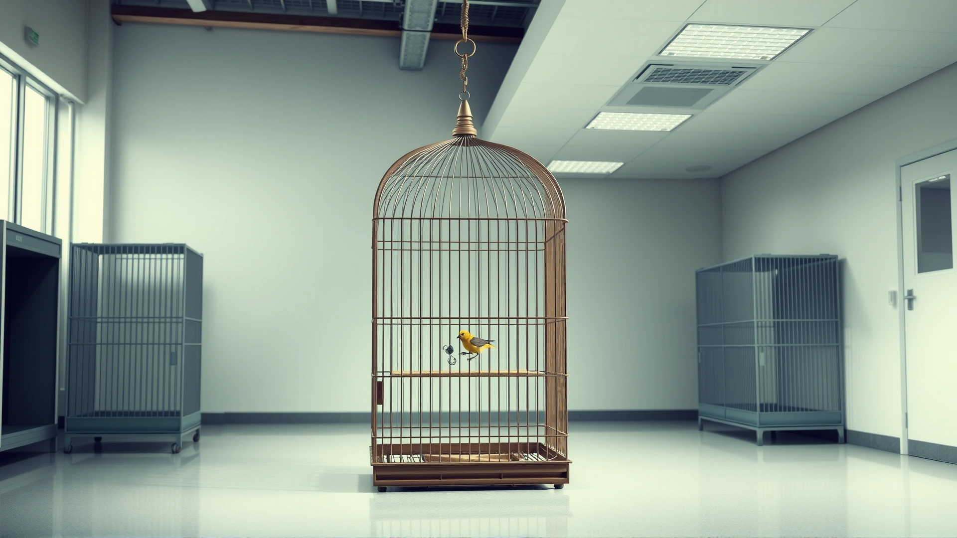 Wide shot of a single bird cage placed apart from others in a bright, clean room, symbolizing quarantine and prevention.