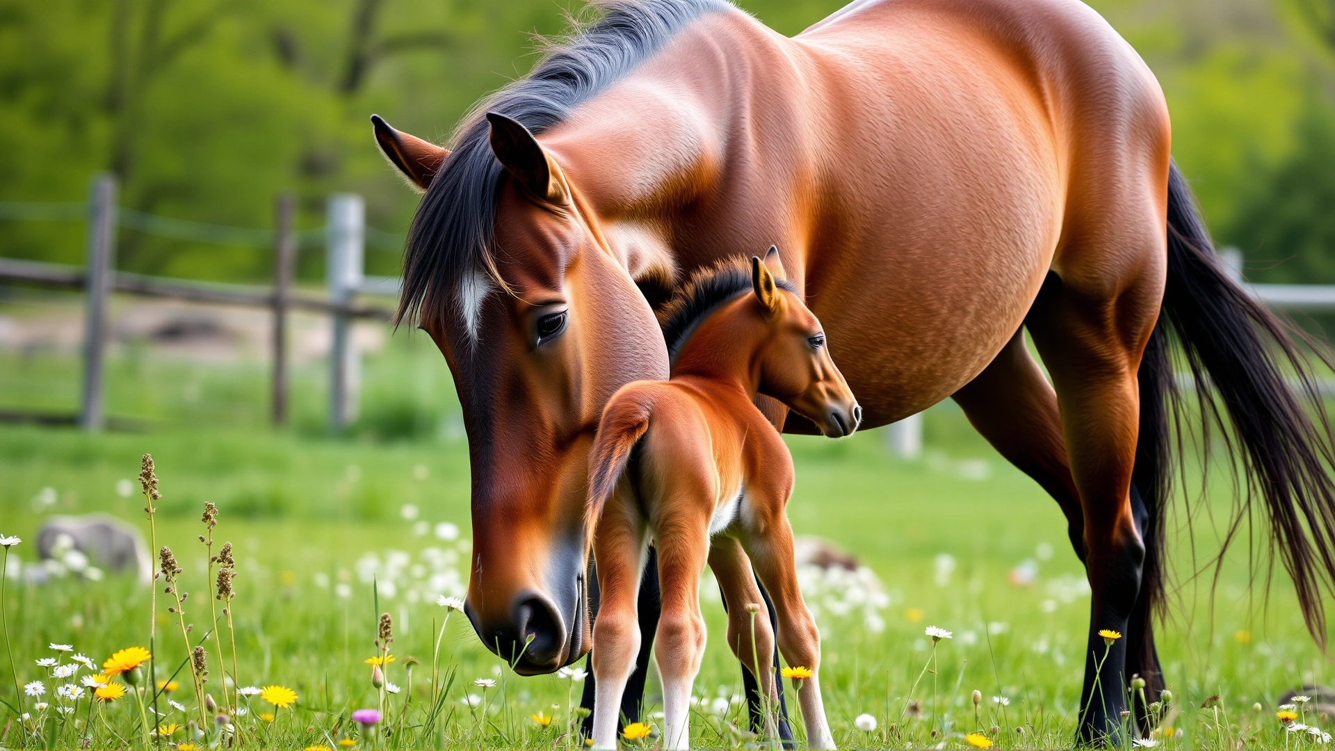 Quarter Horse mare nuzzling her foal while grazing in a spring paddock with wildflowers