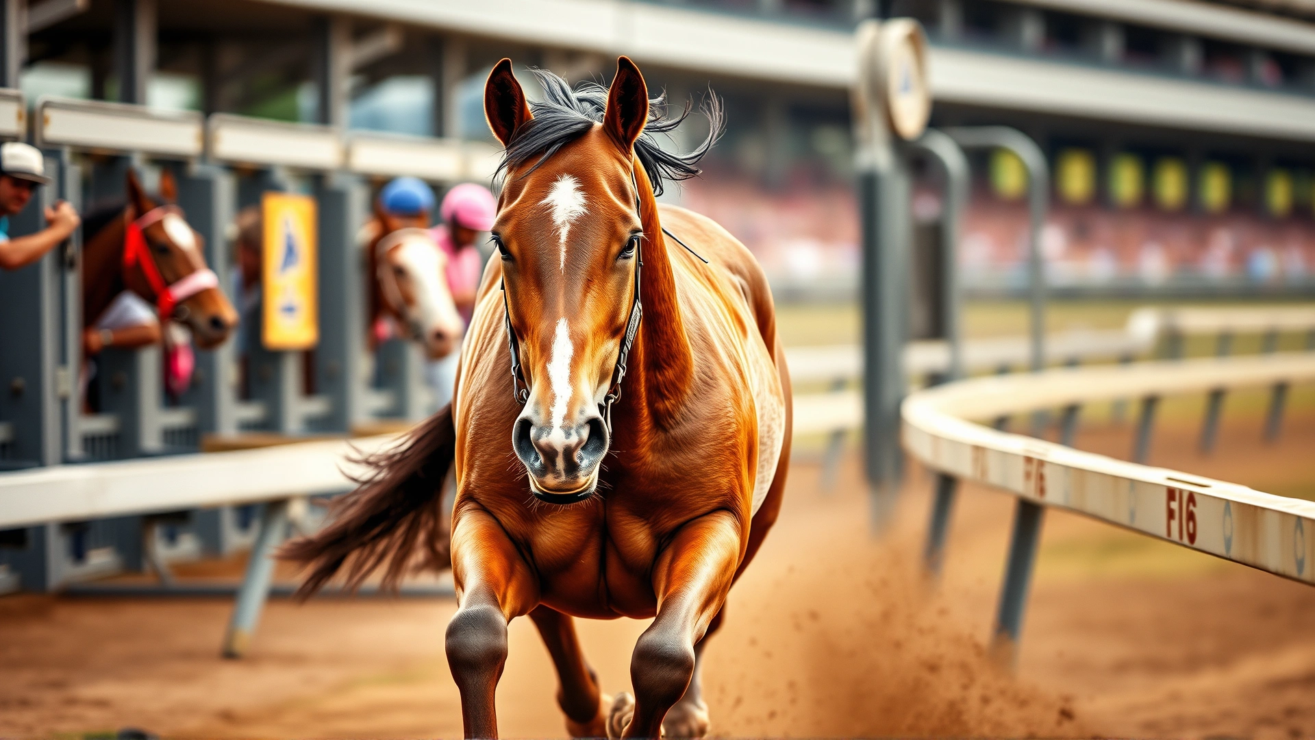 Close-up photo of a muscular Quarter Horse sprinting out of the gate during a short-distance race, motion blur enhancing sense of acceleration