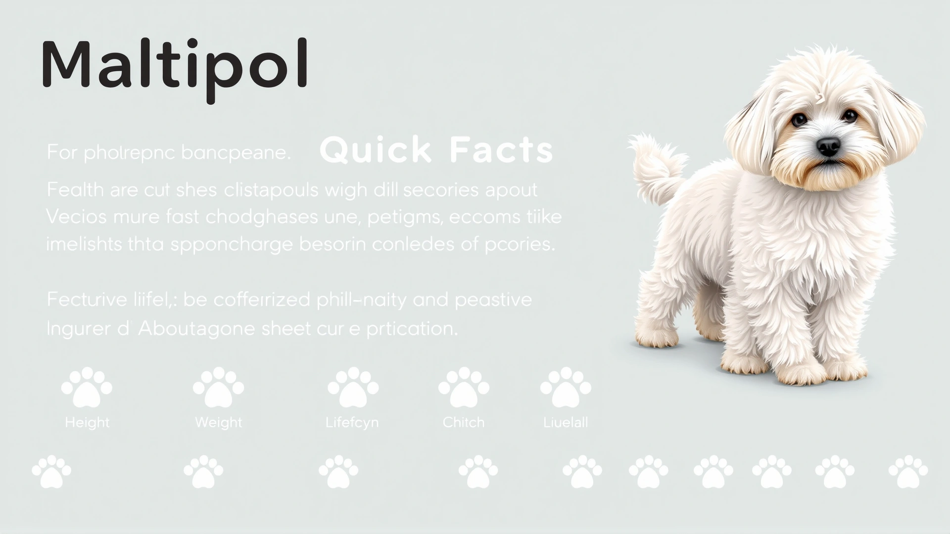 Stylish infographic displaying Maltipoo quick facts such as height, weight, lifespan, and energy level on a pastel background with paw icons – vector illustration