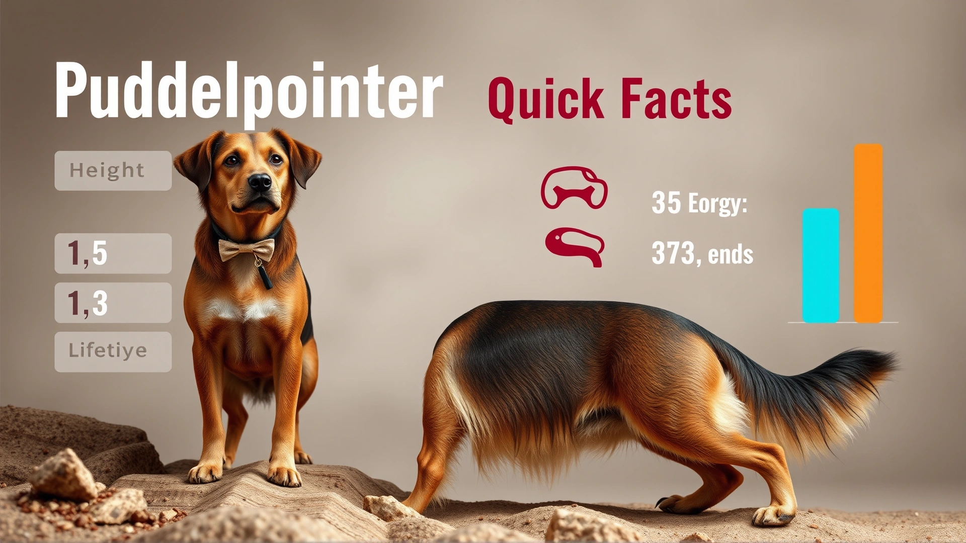 A stylized infographic card displaying Pudelpointer quick facts (height, weight, lifespan, energy level) on an earthy toned background