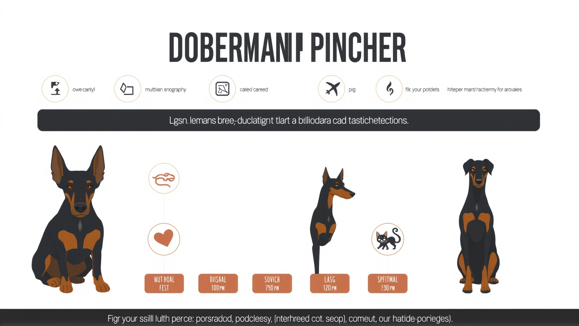 Minimalist infographic presenting Doberman Pinscher quick breed facts with icons and clean typography on a light background.