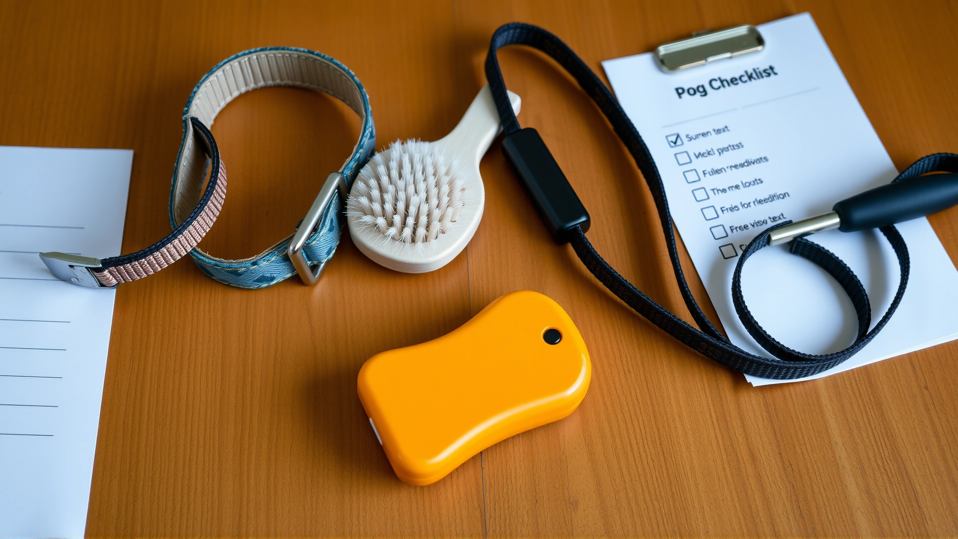 Flat lay photo on wooden table showing dog collar, grooming brush, hiking leash, and a blank checklist sheet (no visible text)