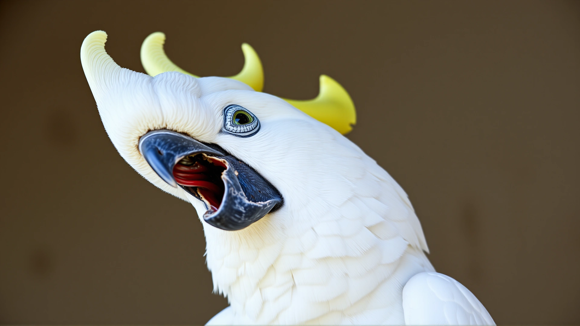 Close-up of a cockatoo screeching with its beak open and crest raised, illustrating how loud pet birds can be.