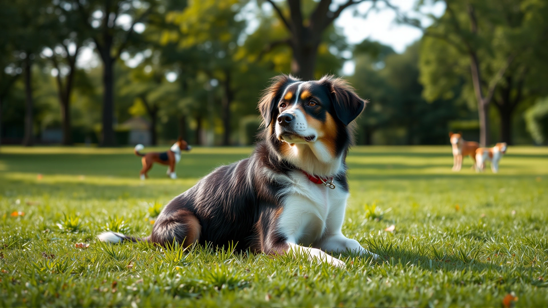 A dog sitting peacefully on green grass at a quiet park, observing other dogs playing in the distance
