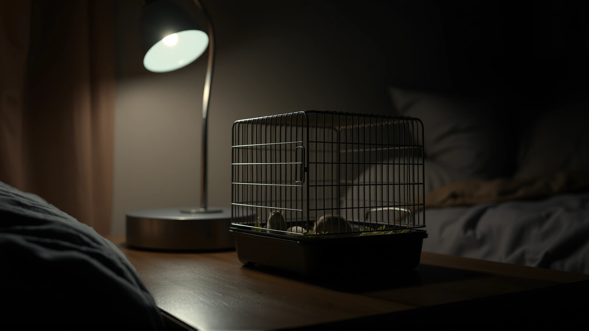 Nighttime scene of a small mouse cage placed on a bedside table with dim ambient lighting, evoking quietness.