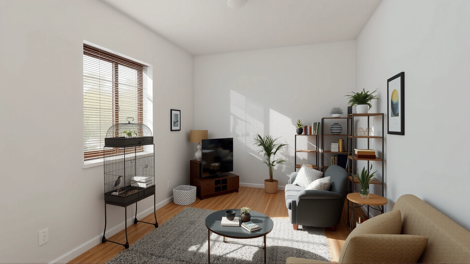 Modern living room with minimal décor and a well-equipped bird cage positioned near a window with indirect sunlight.