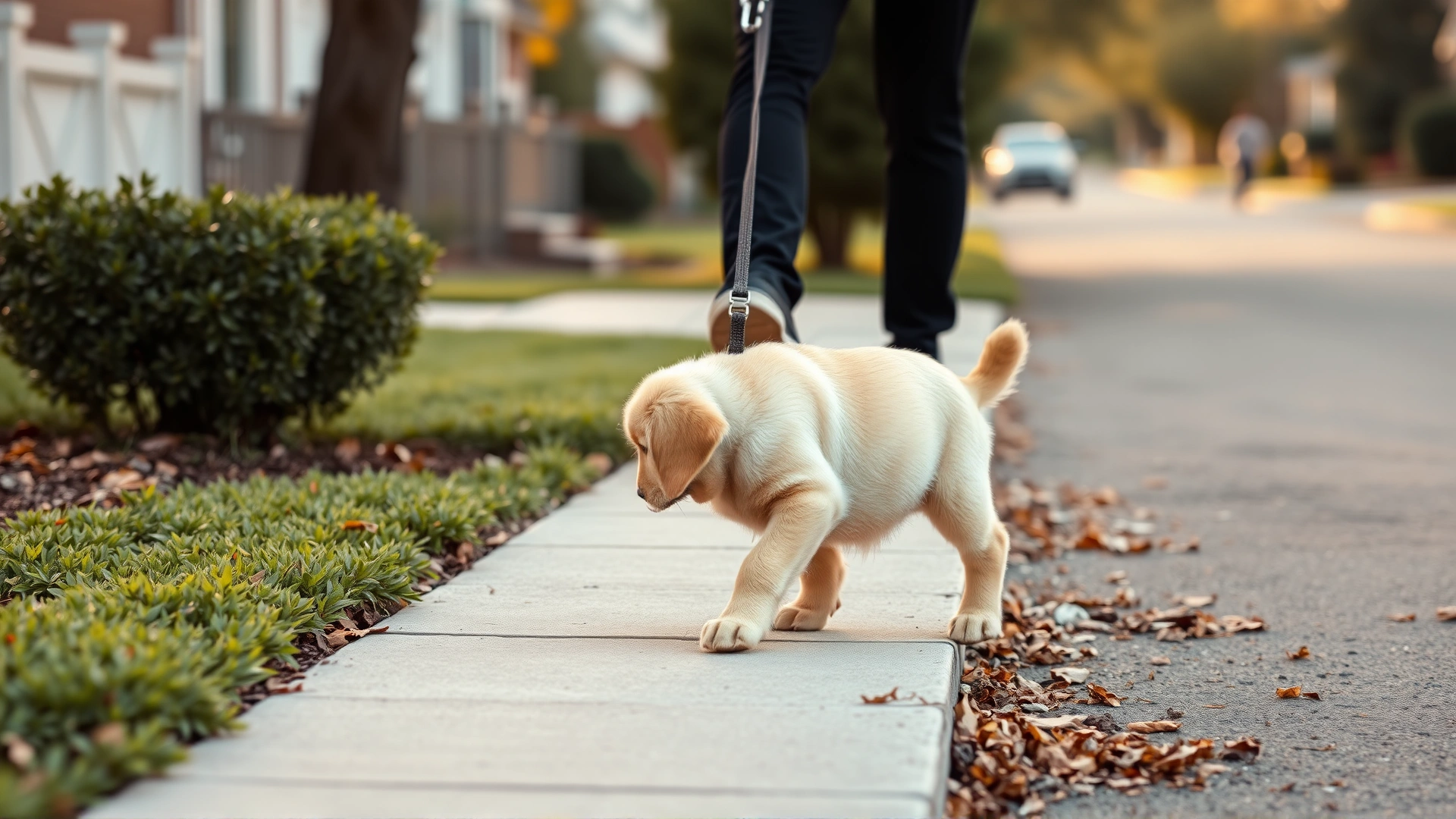 Young Labrador puppy on a leash walking along a quiet residential sidewalk with its owner's legs visible, early morning soft light
