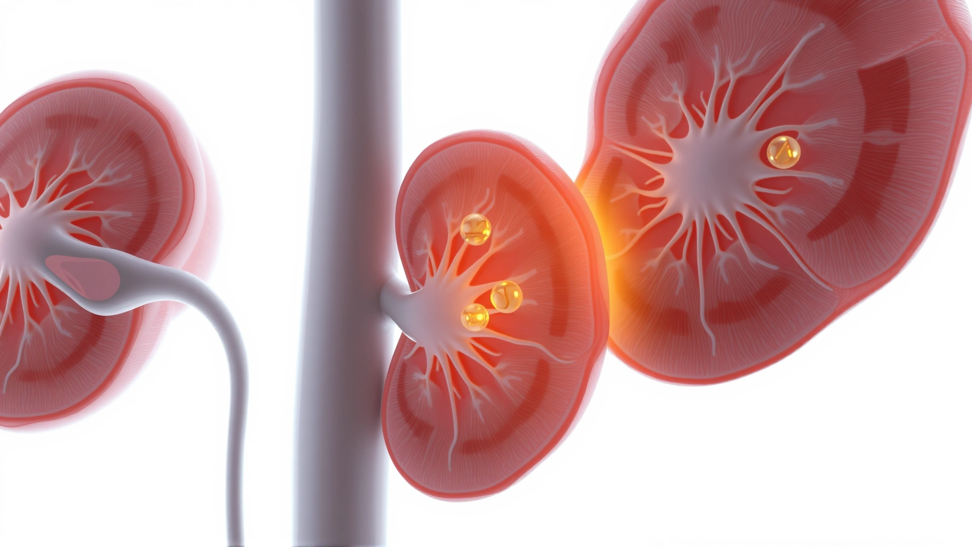 Illustration of rabbit kidneys with highlighted glomeruli, medical style, clean white background.