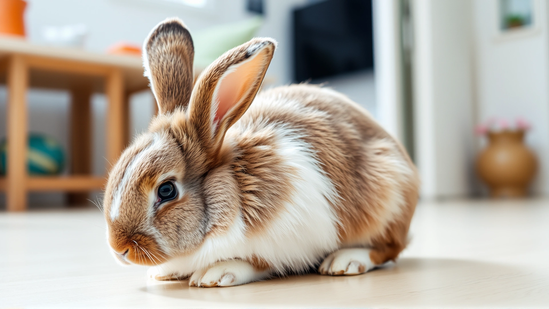 Domestic rabbit gently grooming its own fur in a clean indoor setting, soft daylight, shallow depth of field