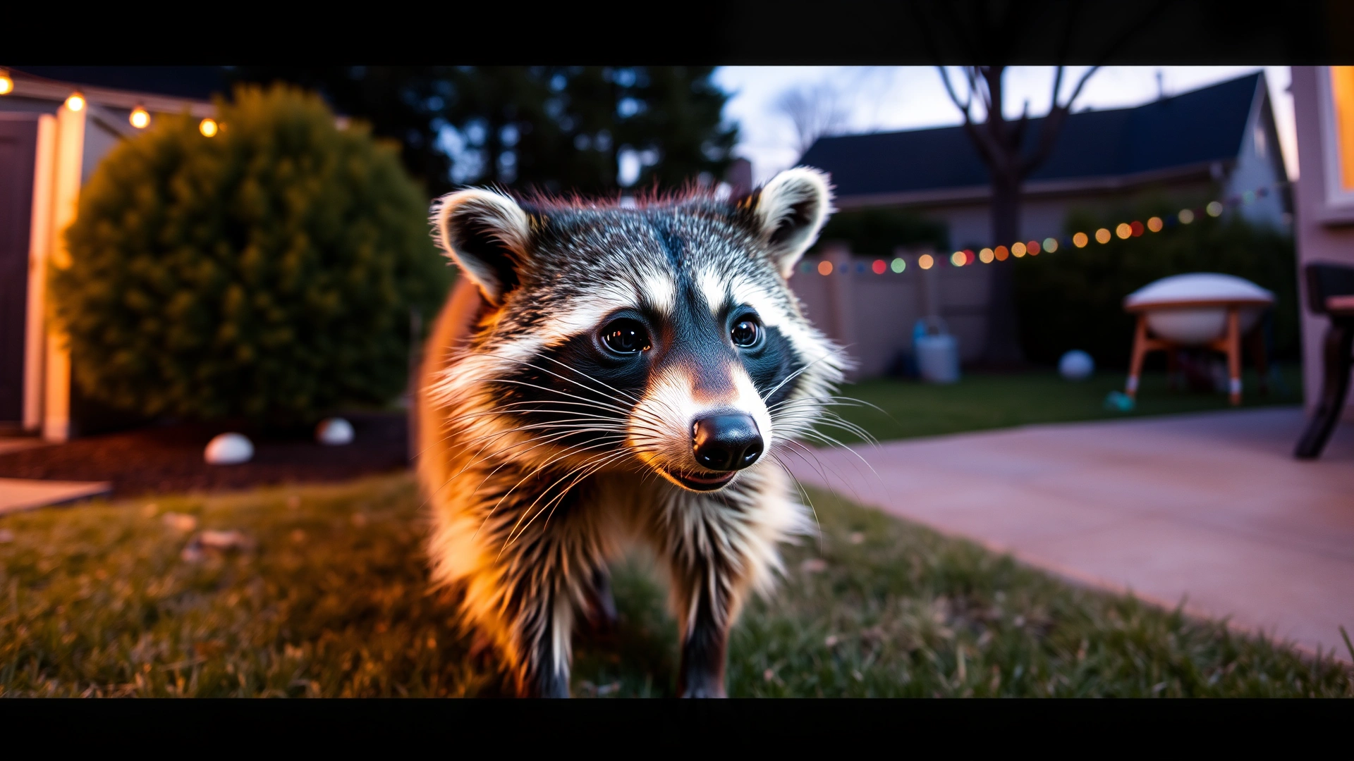 A raccoon in a suburban backyard at dusk, emphasizing potential wildlife carriers.
