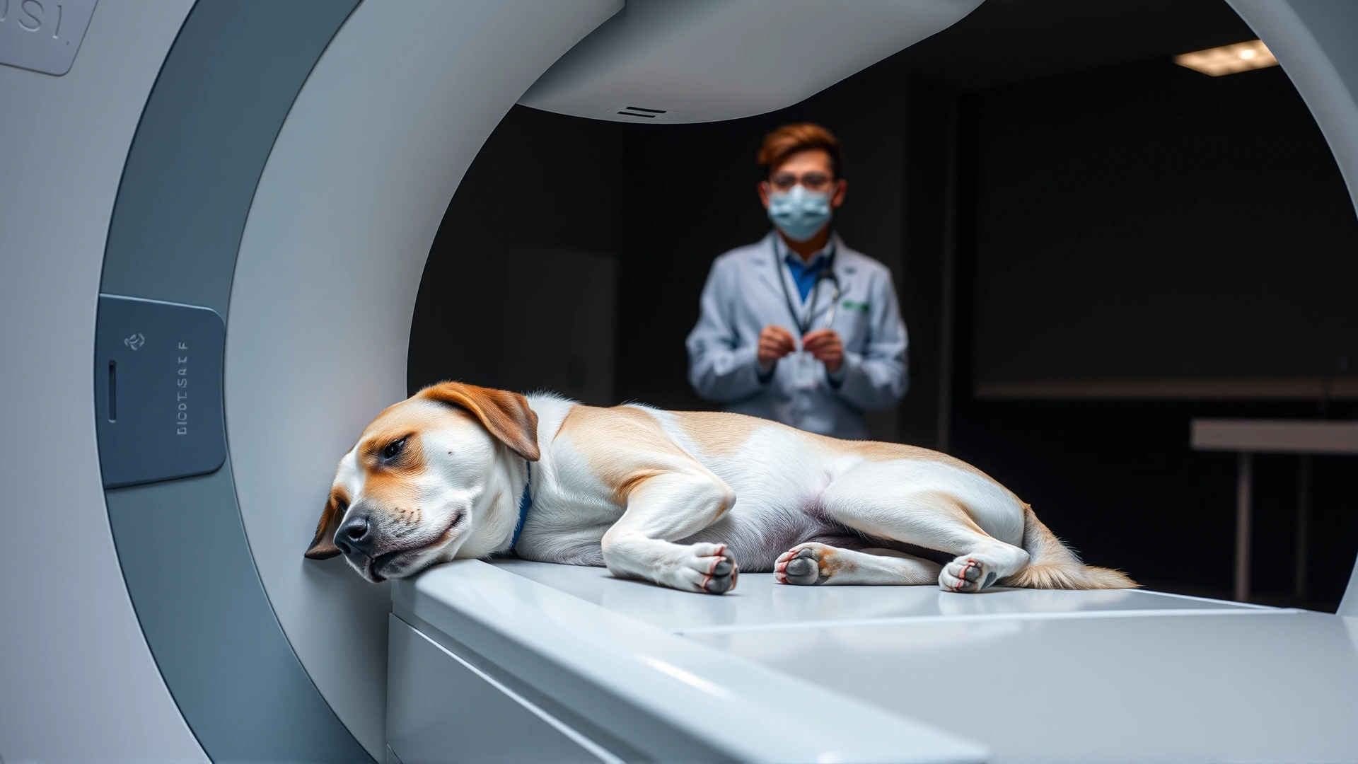 Dog lying calmly inside a veterinary linear accelerator machine receiving radiation therapy, technician monitoring behind protective glass. No text.