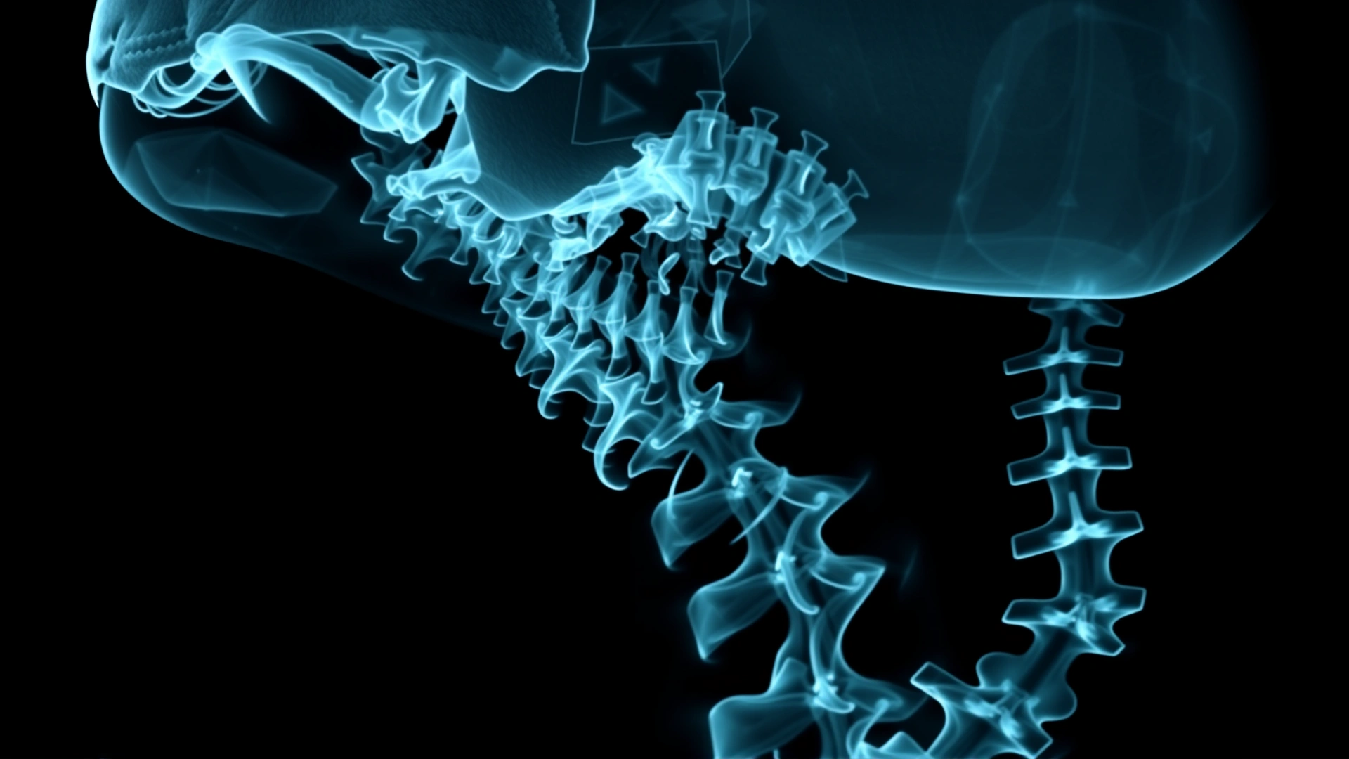 High-resolution lateral X-ray of a cat's cervical spine showing atlas and axis alignment, black background