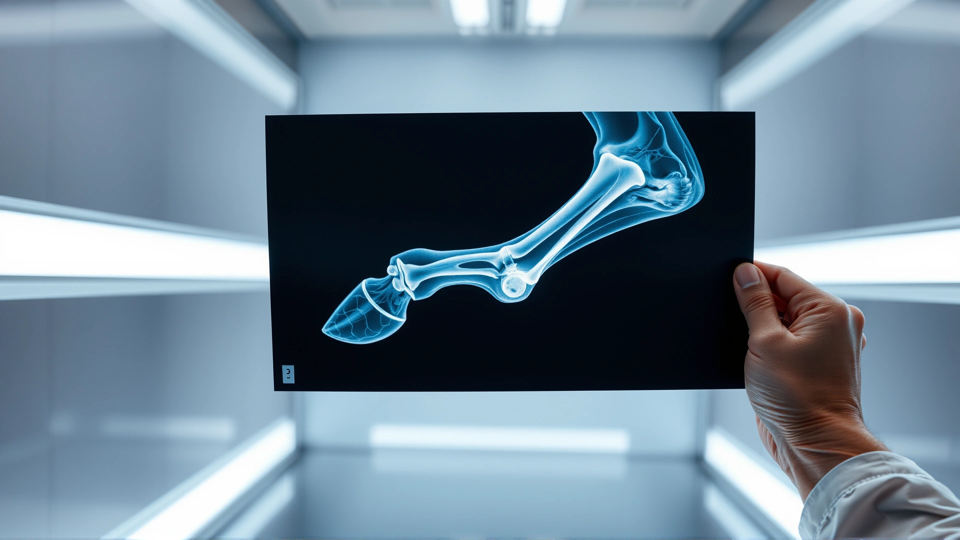 A veterinarian holding up an X-ray film of a horse leg against a light box, with focus on the joints