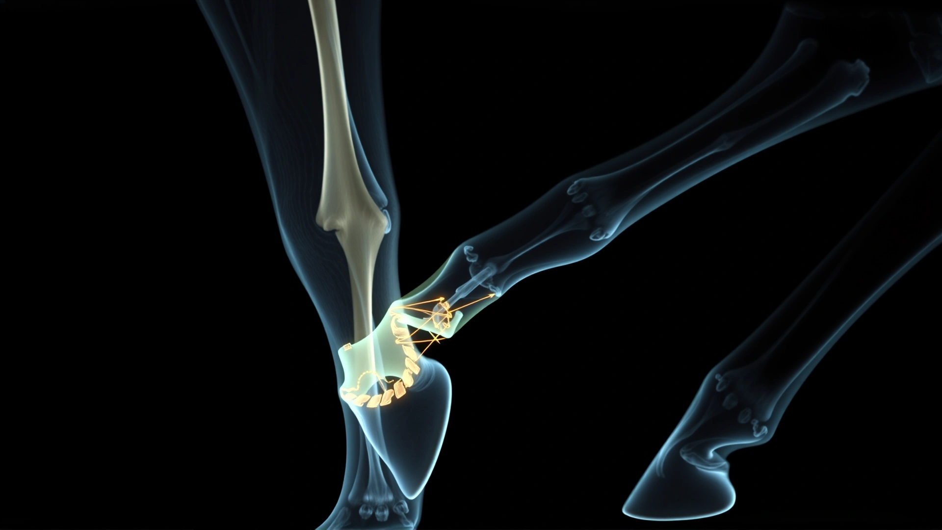High-resolution lateral radiograph of a horse’s distal limb showing contracted tendons and altered hoof angle, black background for clarity.