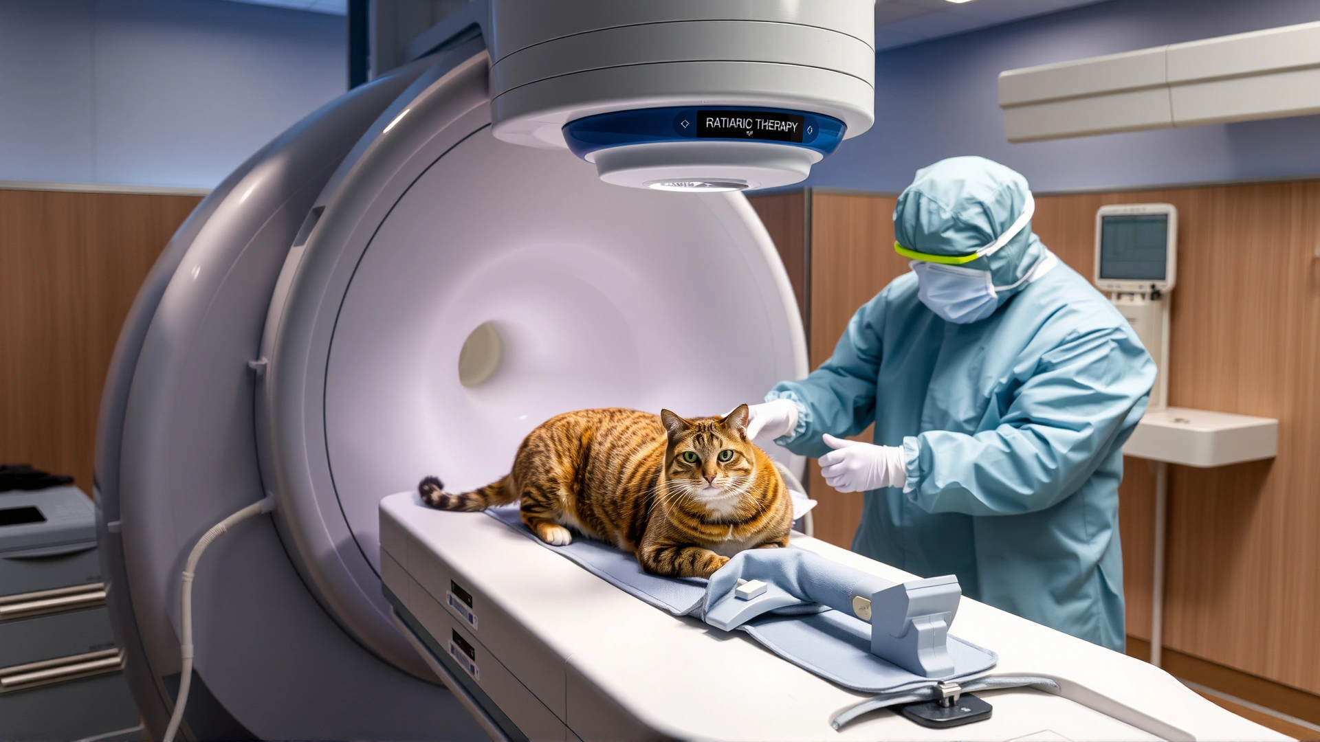 Veterinary radiation therapy suite showing a cat positioned under a linear accelerator, technicians in protective gear making final adjustments.
