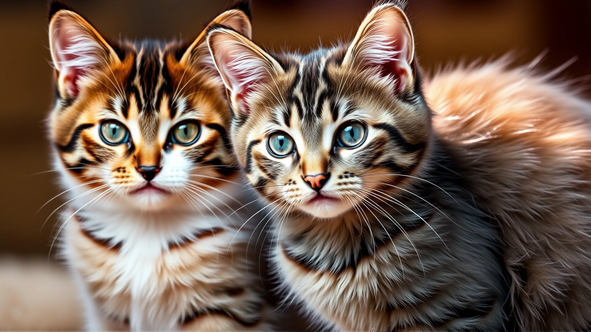 Two Ragamuffin cats showcasing different coat colors and patterns, one in chocolate tortie and another in blue tabby.