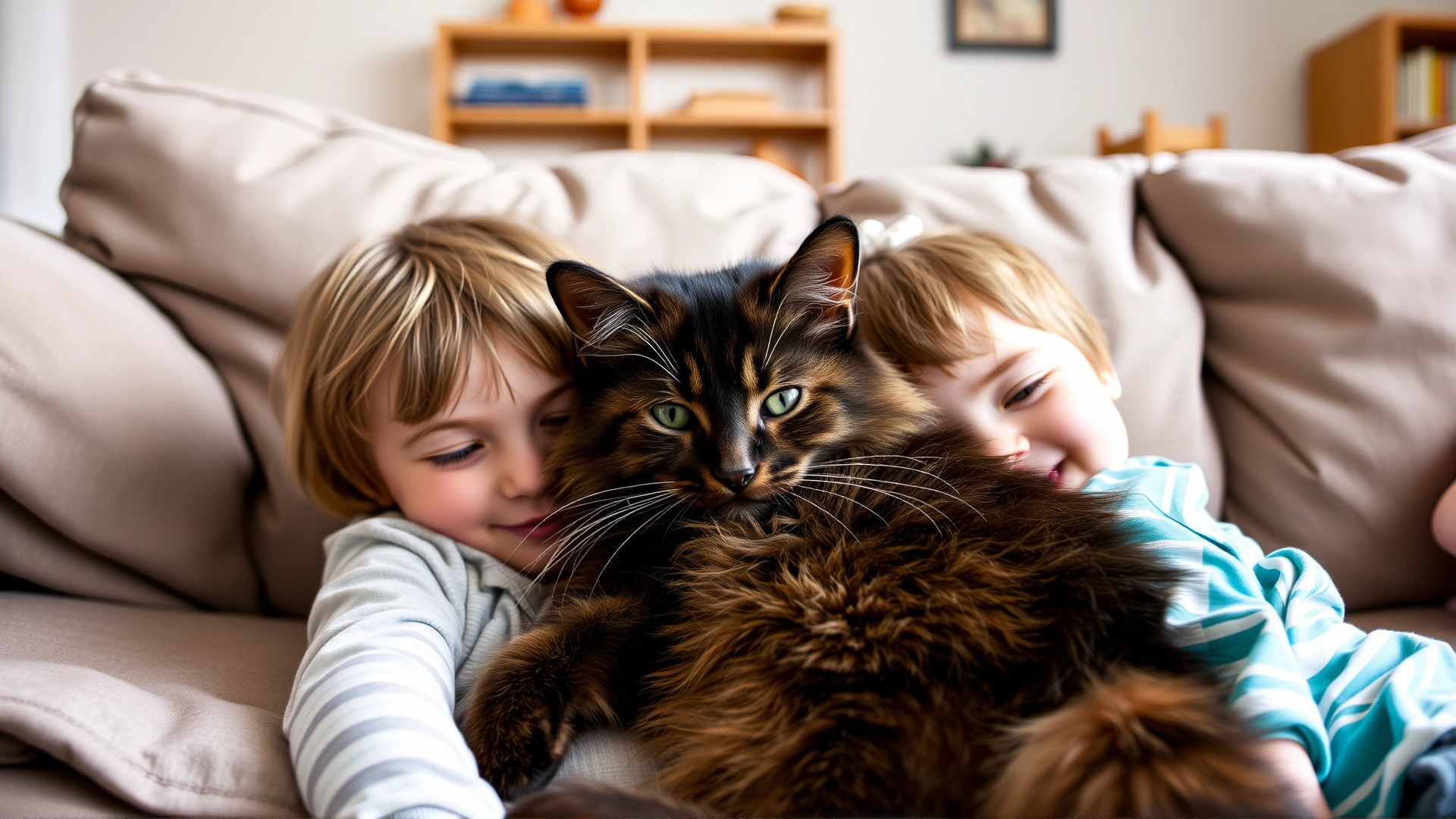 Ragamuffin cat cuddling with two young children on a living-room sofa, emphasizing its family-friendly nature.