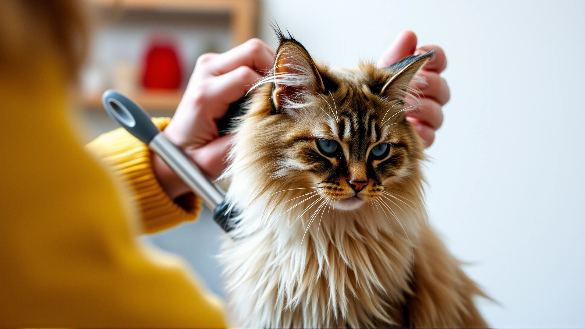 Owner gently brushing a Ragamuffin cat's semi-long coat using a slicker brush.