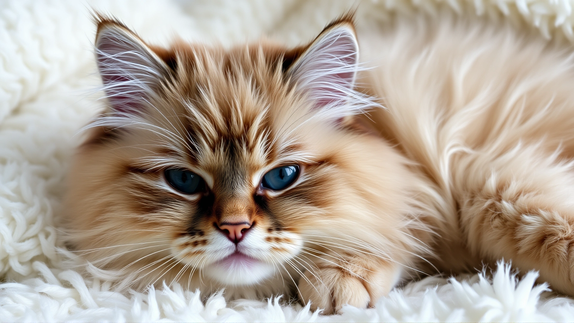 Close-up of a Ragamuffin cat lying on a fluffy white blanket, highlighting its thick coat and calm expression.