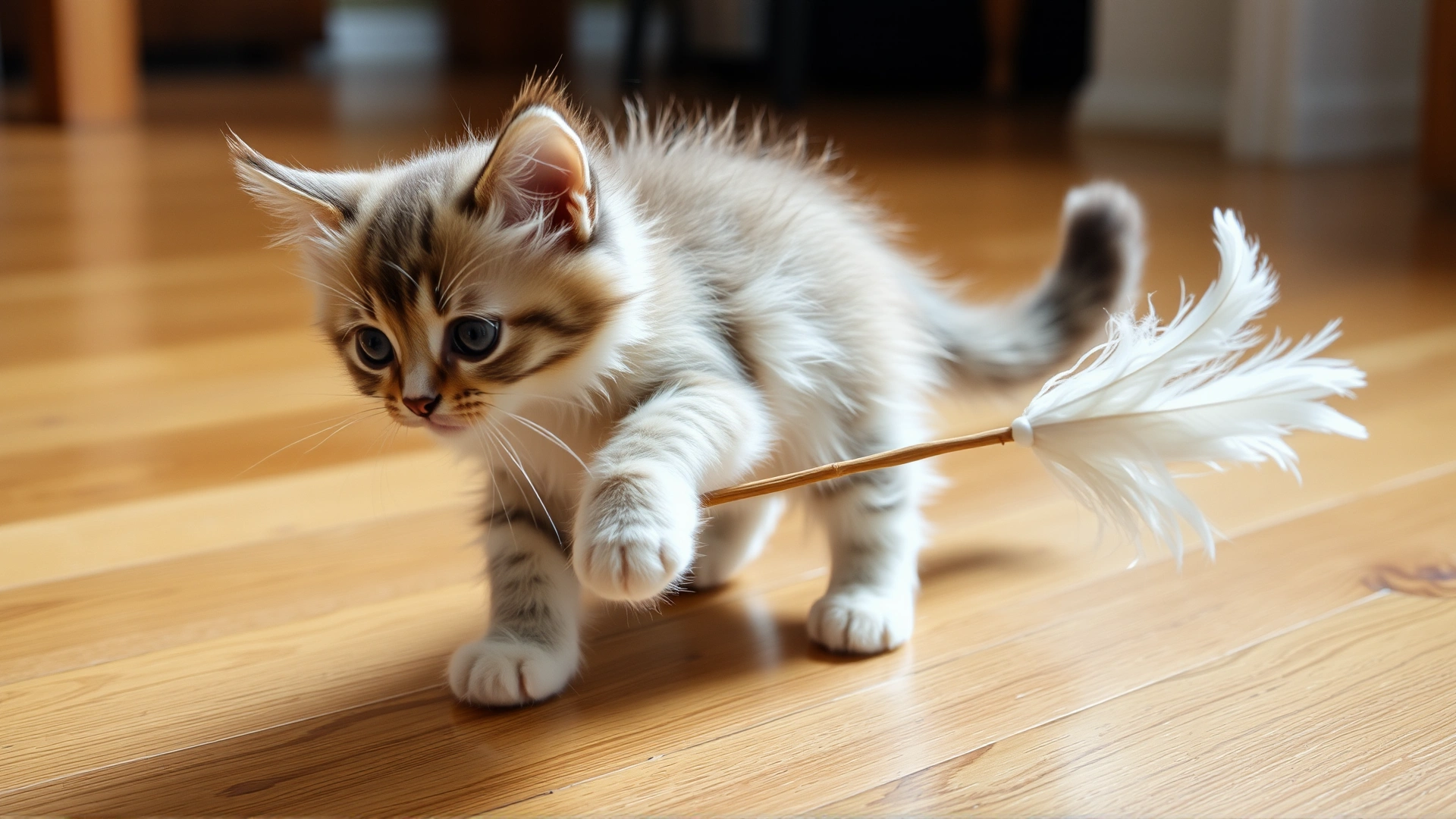 Ragamuffin kitten chasing a feather wand toy on a hardwood floor.