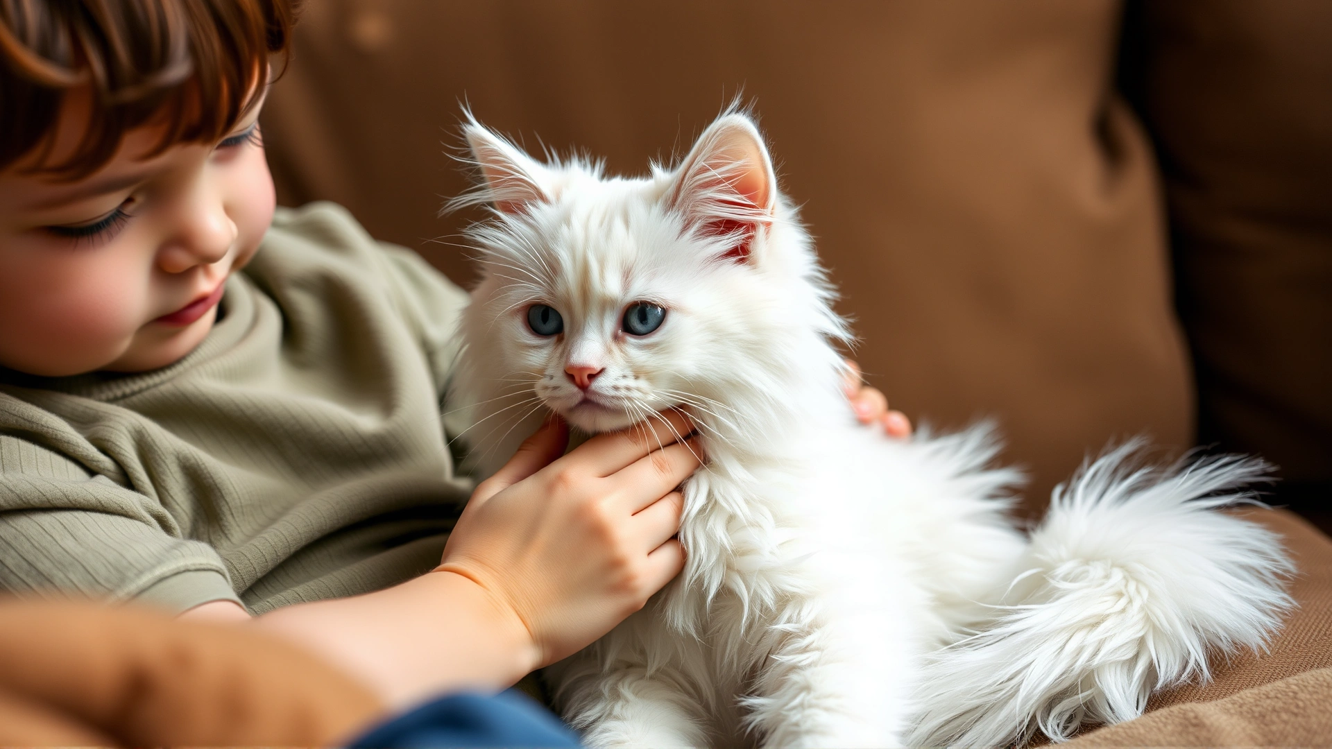 Fluffy white Ragamuffin cat being petted by a child on a cozy couch, lifestyle shot, no text