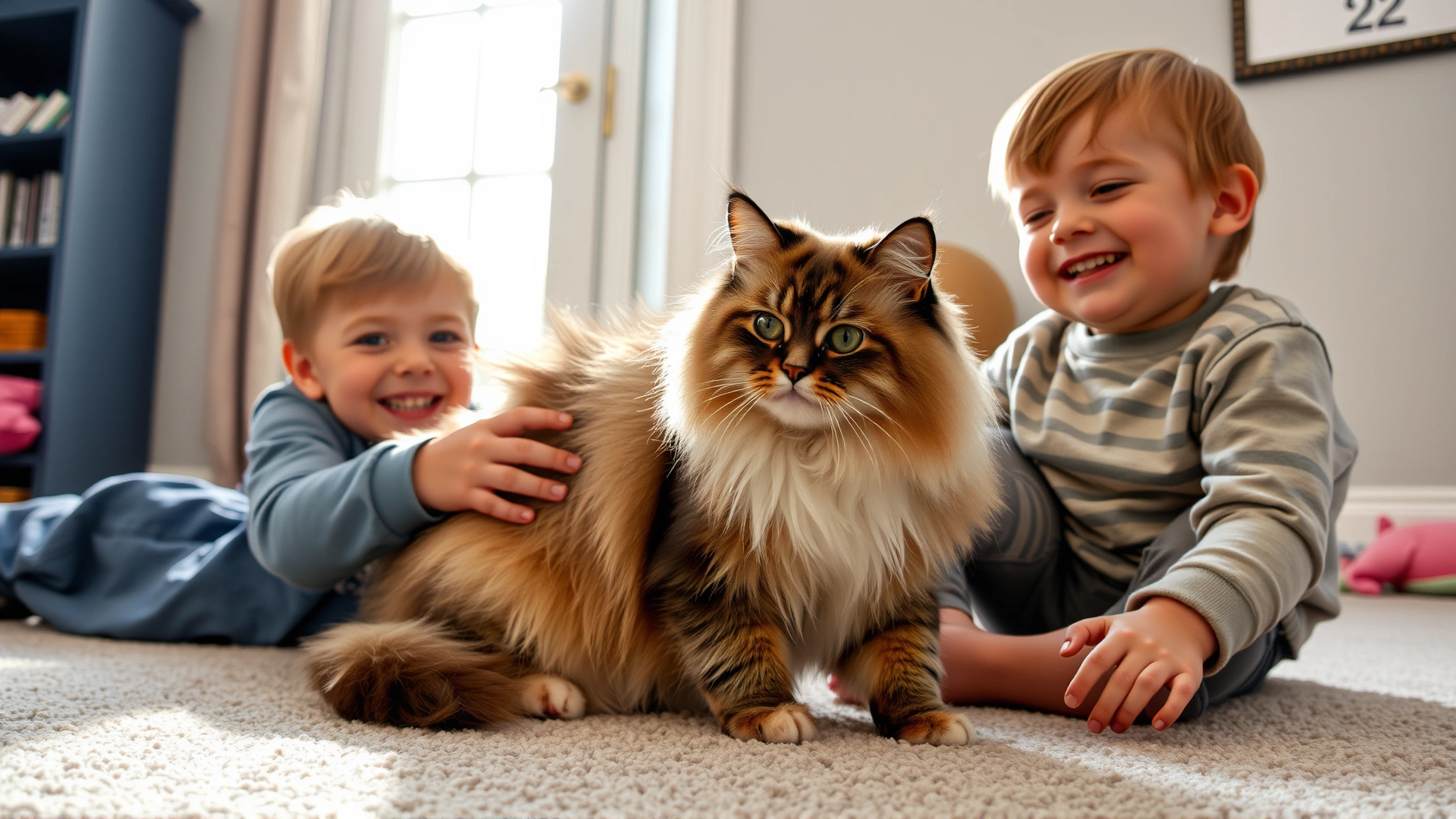 Two smiling children petting a calm Ragdoll cat on a carpeted floor, daylight coming from window
