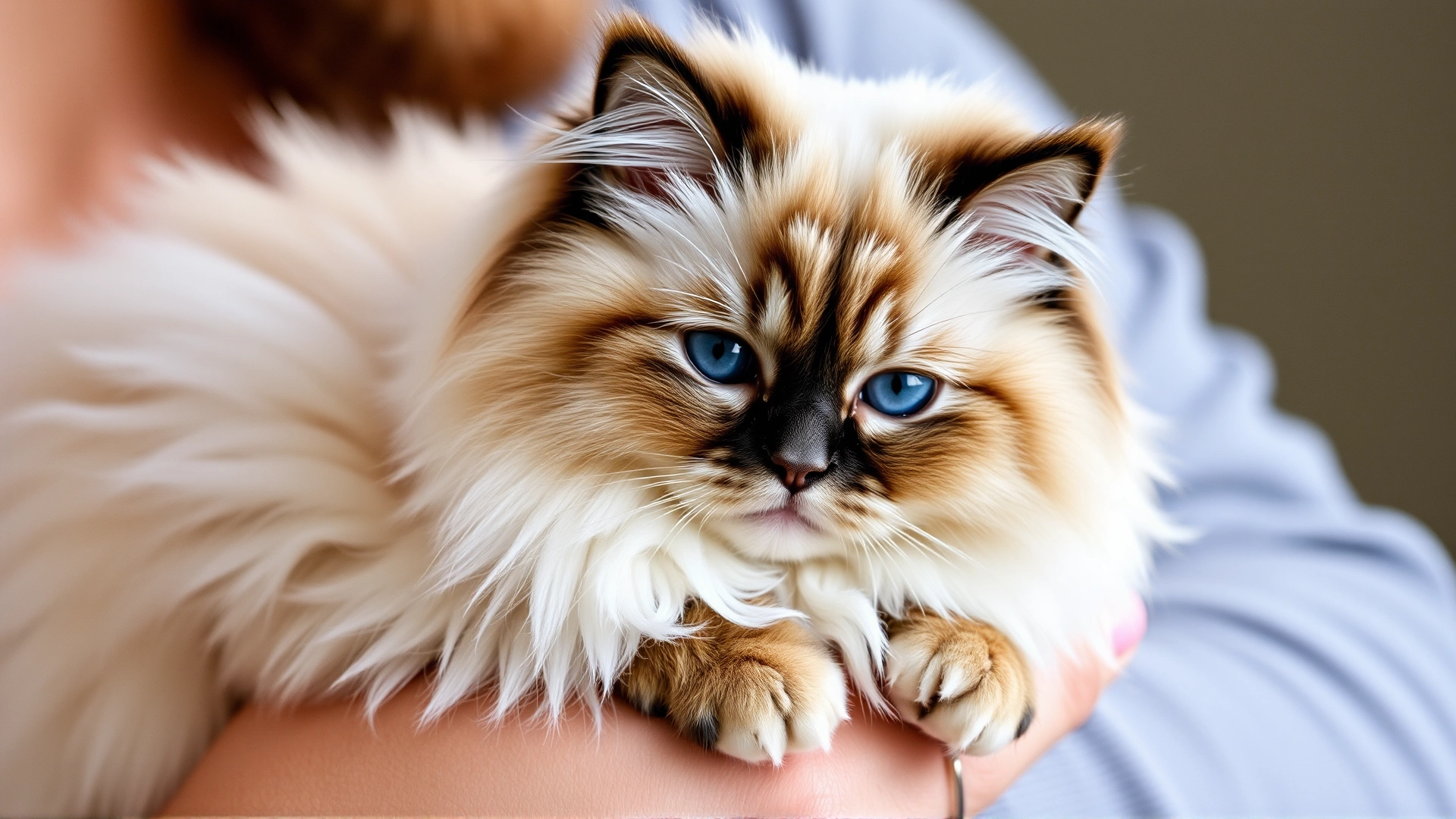 Fluffy Ragdoll cat being gently held in someone's arms, showing its relaxed temperament, soft lighting, high-resolution photo
