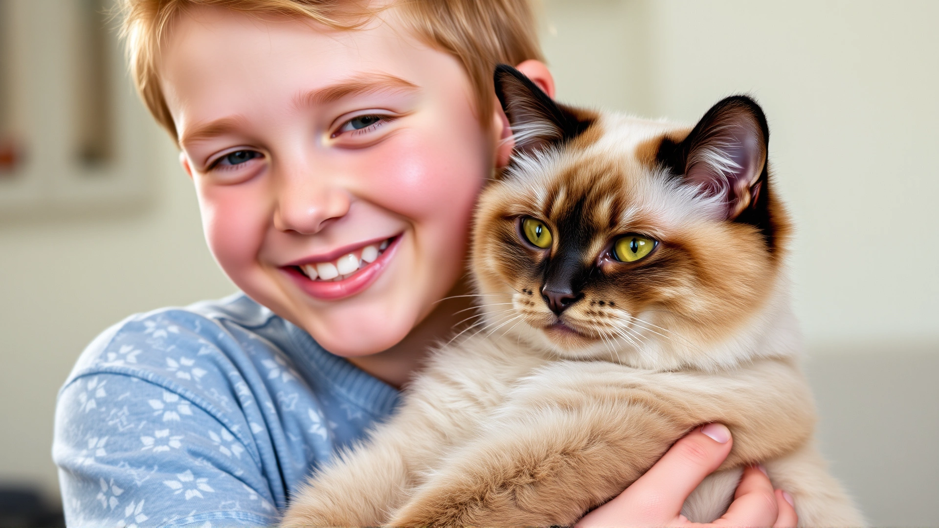 A smiling pre-teen gently holding a large Ragdoll cat that is relaxed in their arms, showing the breed’s docile nature.