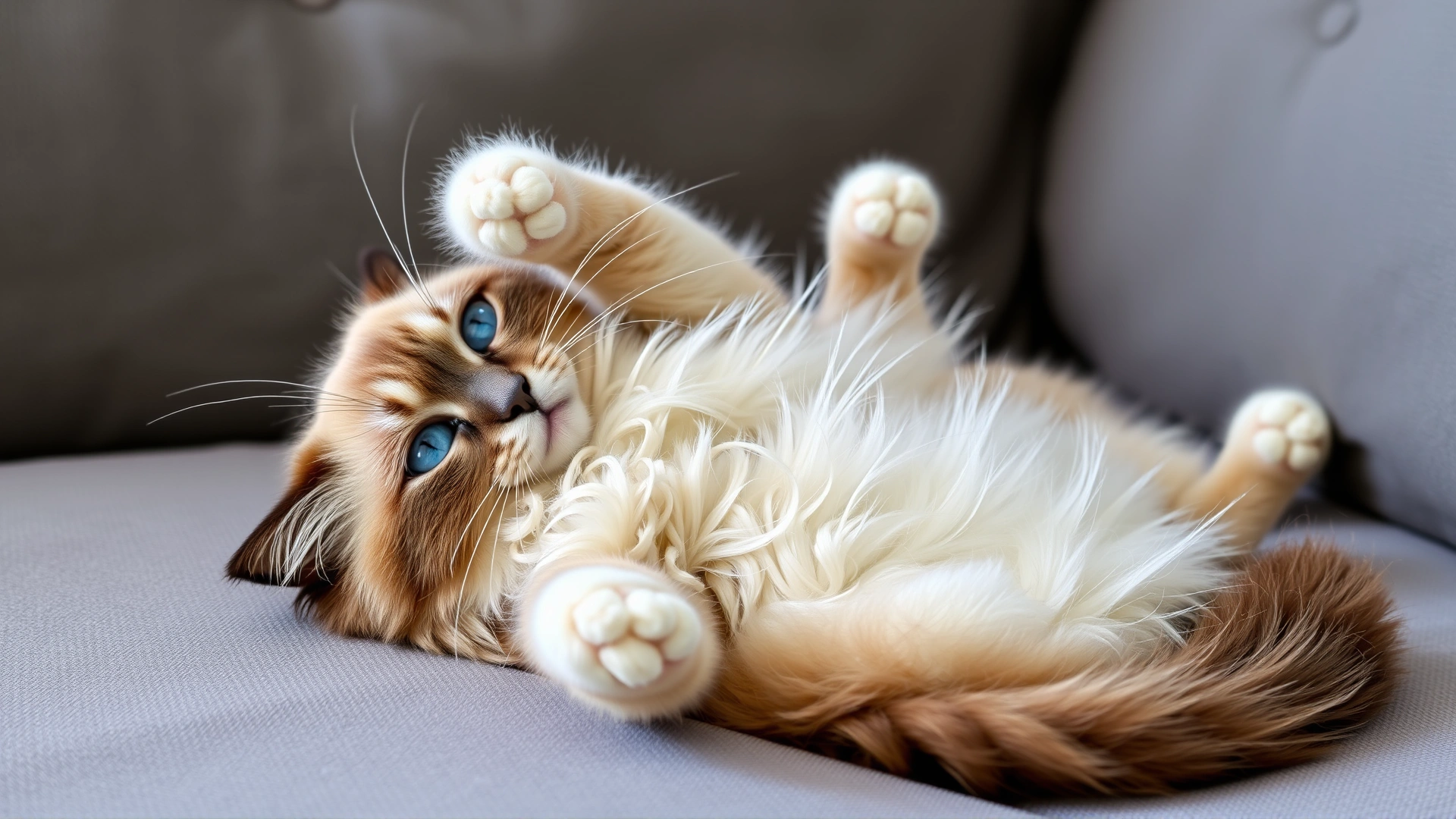 Ragdoll cat lying relaxed on its back on a cozy sofa, blue eyes gazing at the camera.