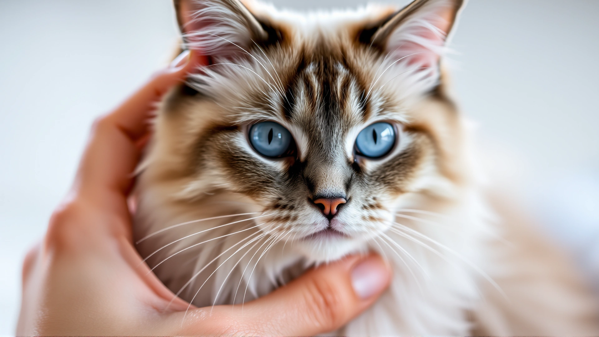 Soft-focus portrait of a blue-eyed Ragdoll cat being gently stroked by a human hand