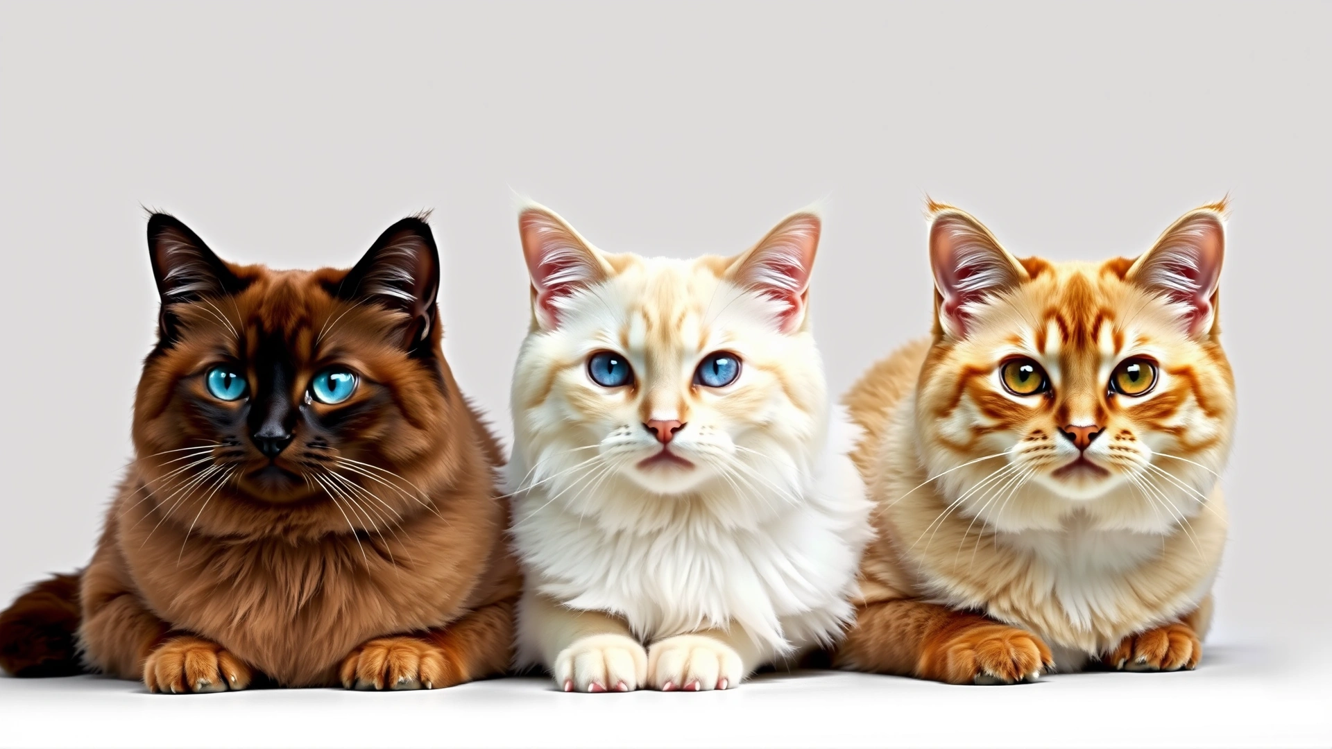 Collage-style image showing three Ragdoll cats side by side displaying colorpoint, mitted, and bicolor patterns, studio background