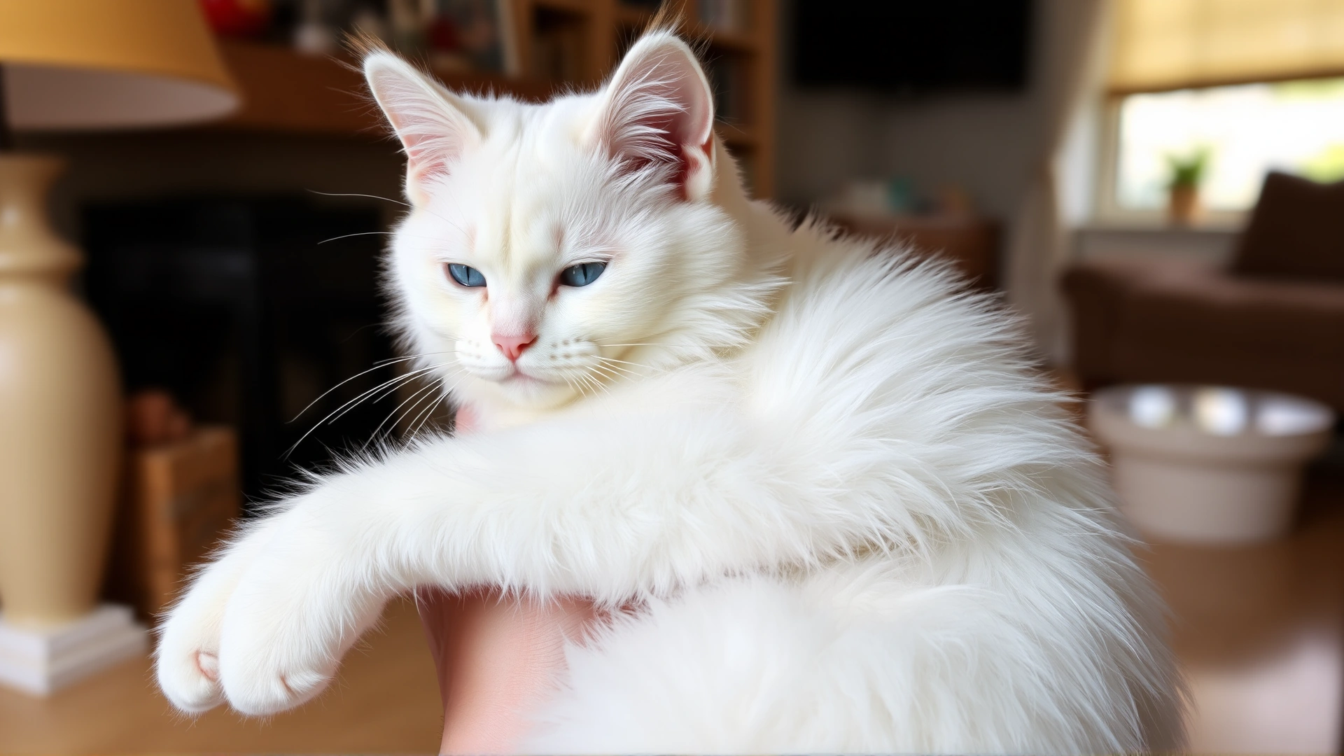 White Ragdoll cat being held gently, body relaxed like a ragdoll, warm home setting, no text