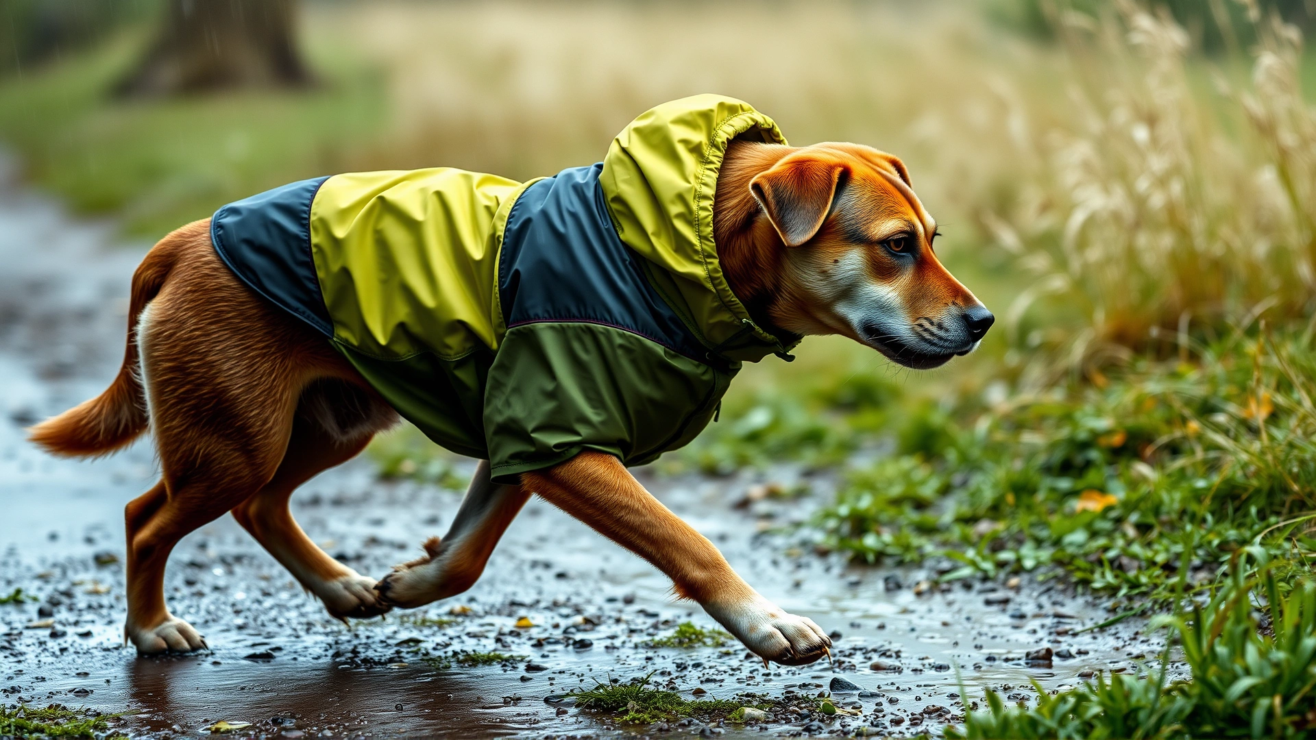Dog in a lightweight waterproof jacket trotting along a rain-soaked trail with droplets splashing.