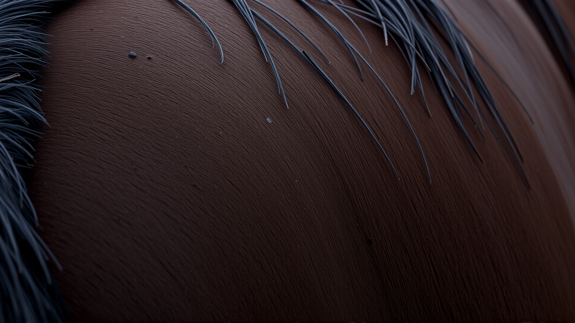 Detailed view of rain rot scabs and matted hair on a wet bay horse’s back.