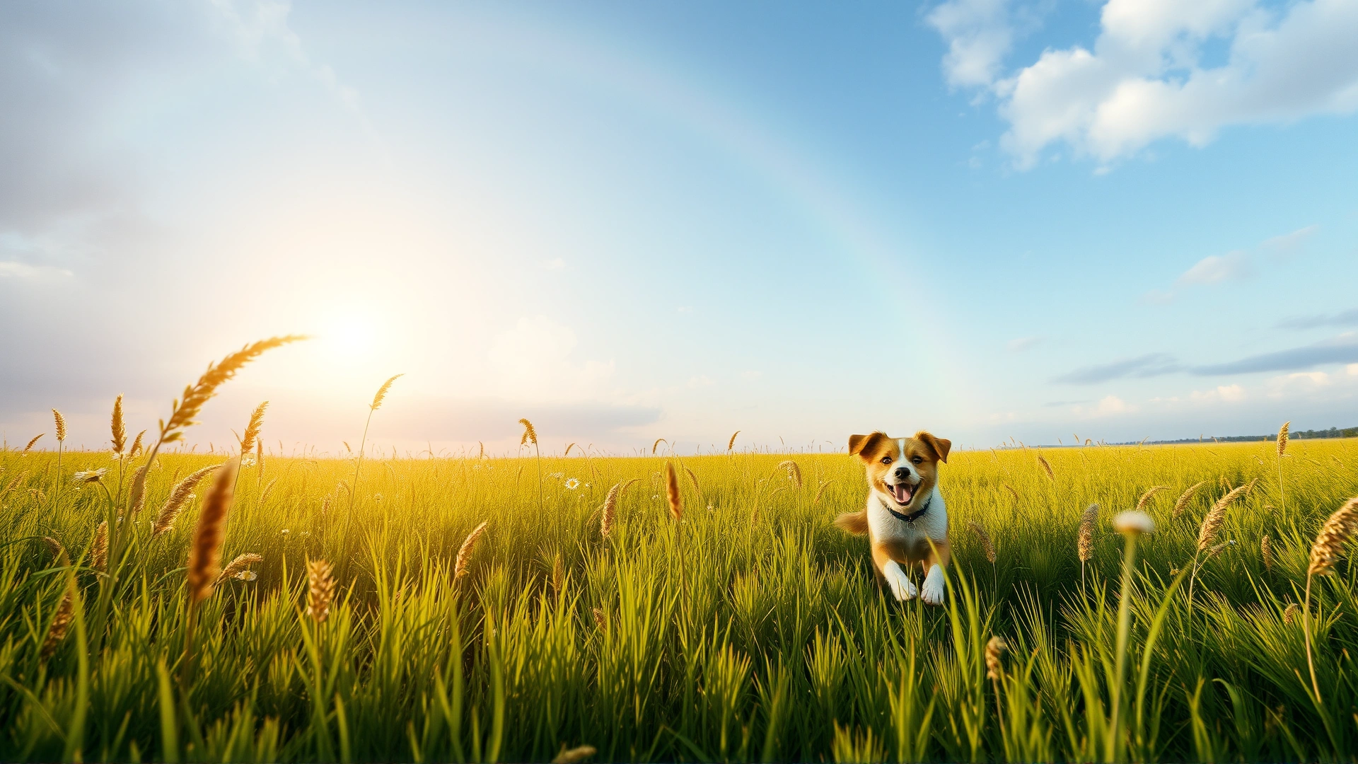Wide shot of a lush, sun-drenched meadow with a faint rainbow in the sky and a joyful dog running through tall grass. Dreamy, hopeful mood.