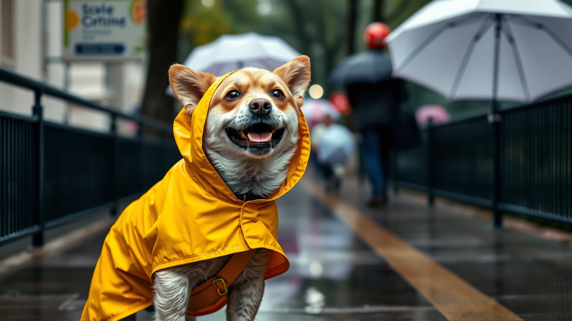 A dog wearing a yellow raincoat walking along a wet sidewalk with blurred umbrellas in the background, overcast lighting, no text