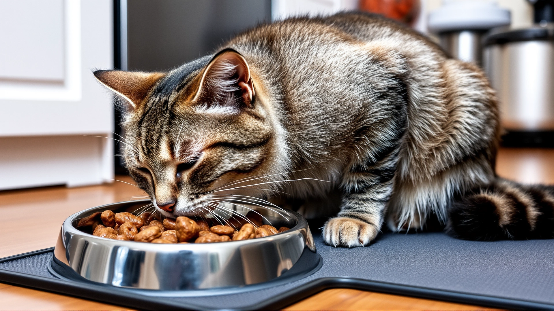 Senior cat eating comfortably from a slightly elevated stainless-steel food bowl on a non-slip mat, kitchen setting.